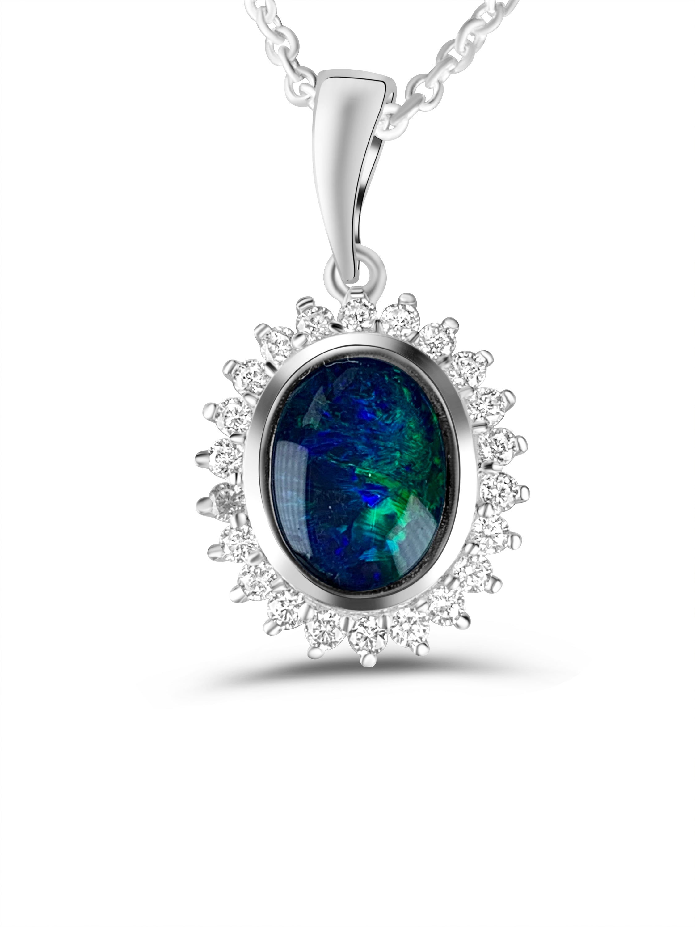 Sterling Silver 9x7mm Opal triplet halo necklace - Masterpiece Jewellery Opal & Gems Sydney Australia | Online Shop