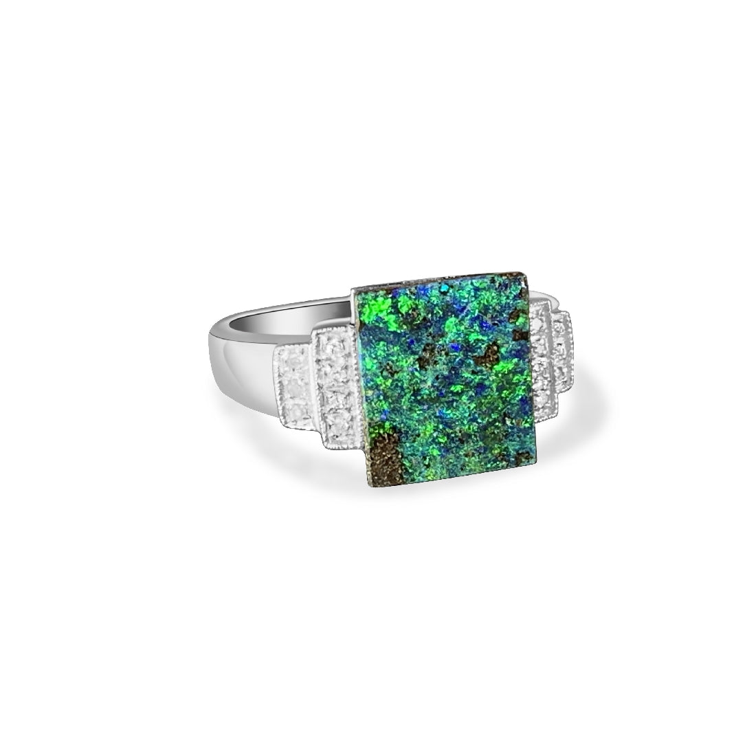 9kt White Gold Boulder Opal 3.57ct and diamond ring - Masterpiece Jewellery Opal & Gems Sydney Australia | Online Shop