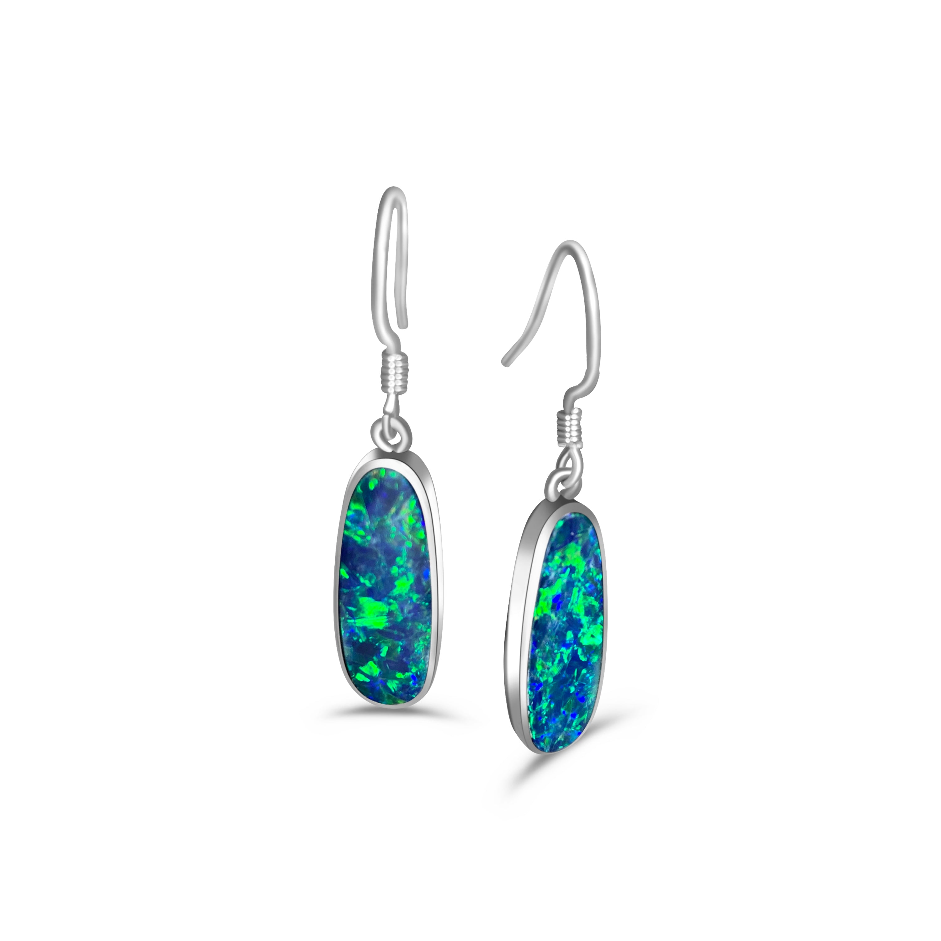 Single dangling Silver sterling earring with blue opal stone 60 mm retail long