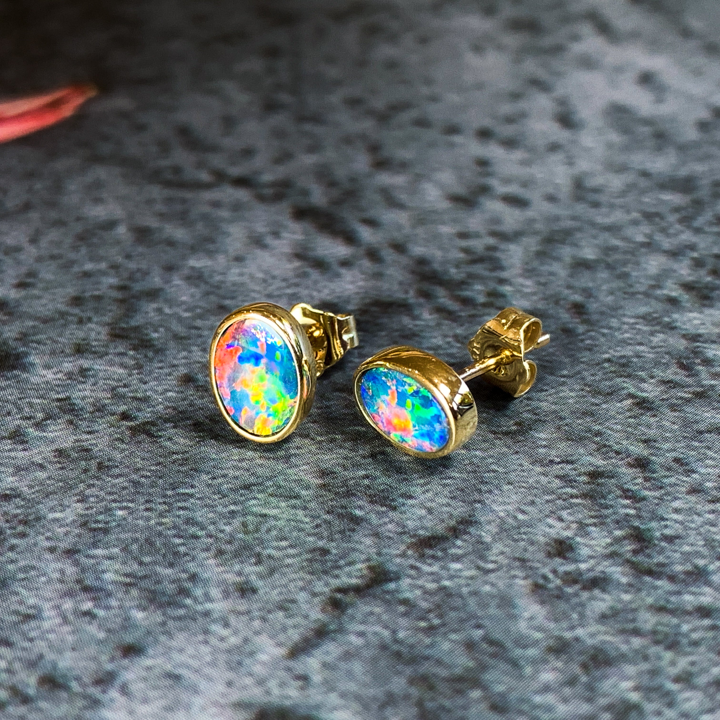 9kt Yellow Gold pairof bezel 7x5mm Opal earring studs - Masterpiece Jewellery Opal & Gems Sydney Australia | Online Shop