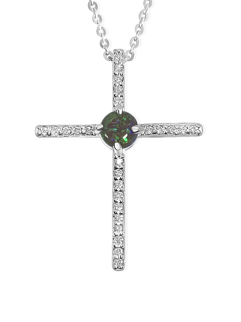 Platinum Cross set with Black Opal and Diamonds - Masterpiece Jewellery Opal & Gems Sydney Australia | Online Shop