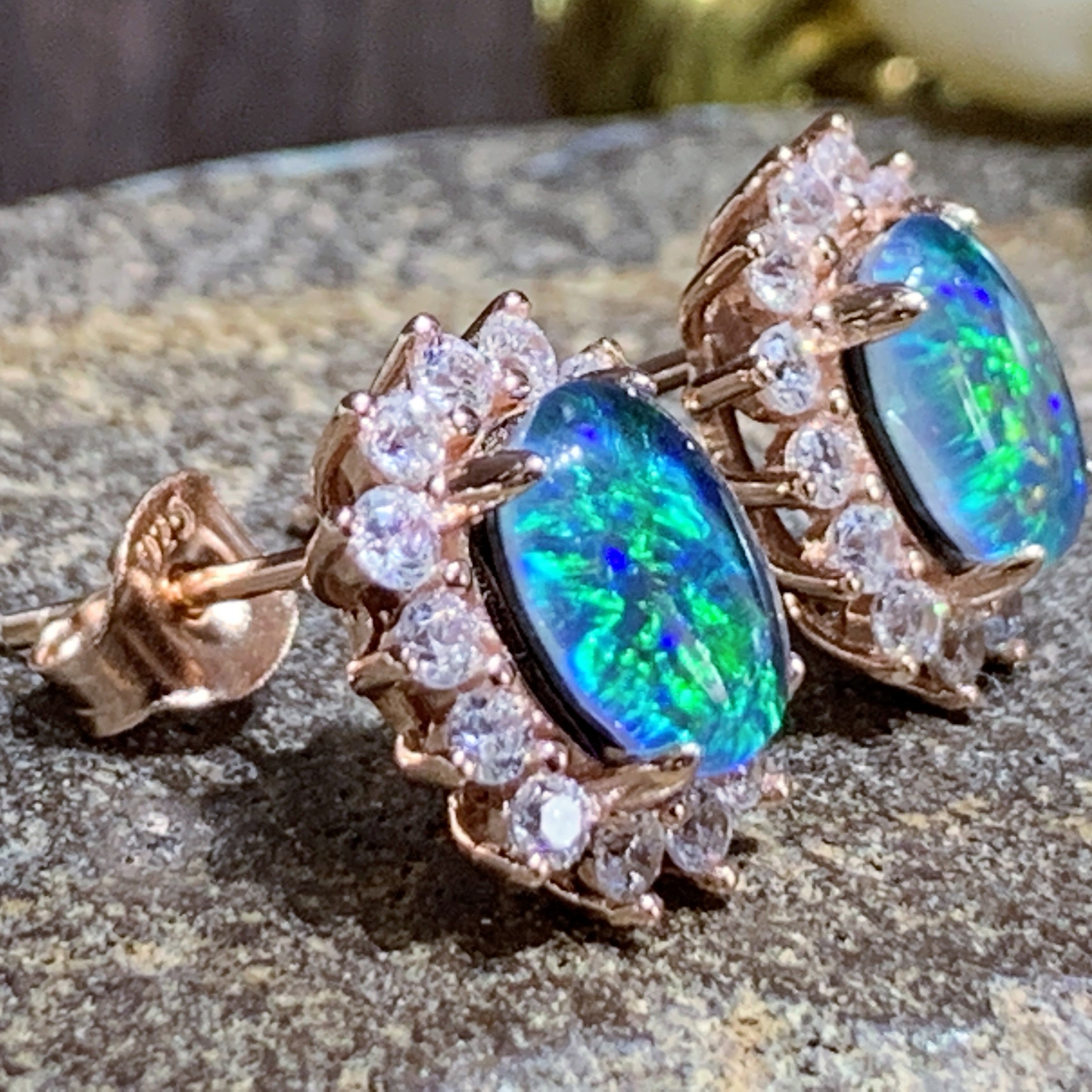 Rose Gold plated silver cluster earrings 8x6mm Opal triplets - Masterpiece Jewellery Opal & Gems Sydney Australia | Online Shop