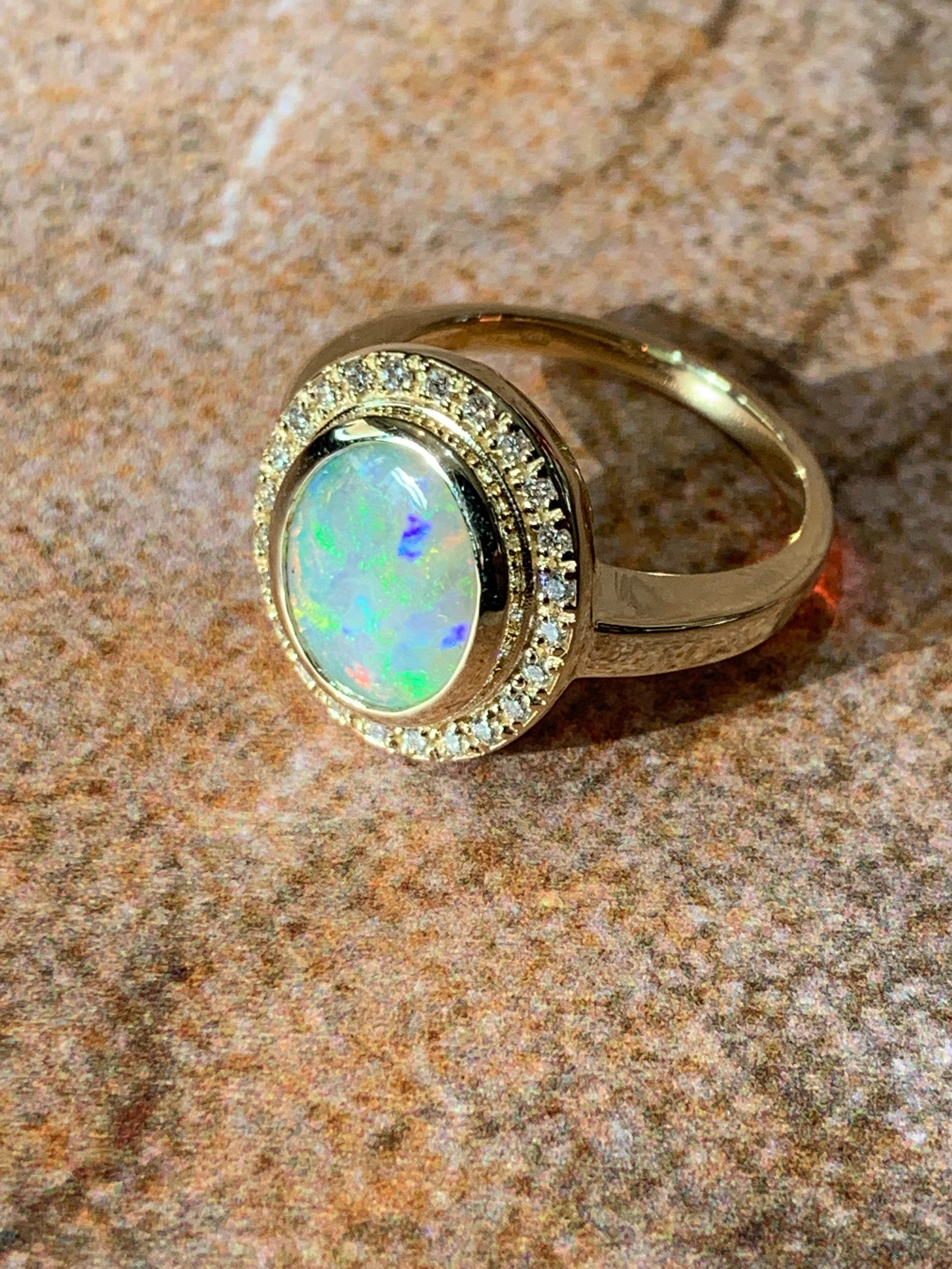 14kt Yellow Gold White Fire Opal and diamond ring - Masterpiece Jewellery Opal & Gems Sydney Australia | Online Shop