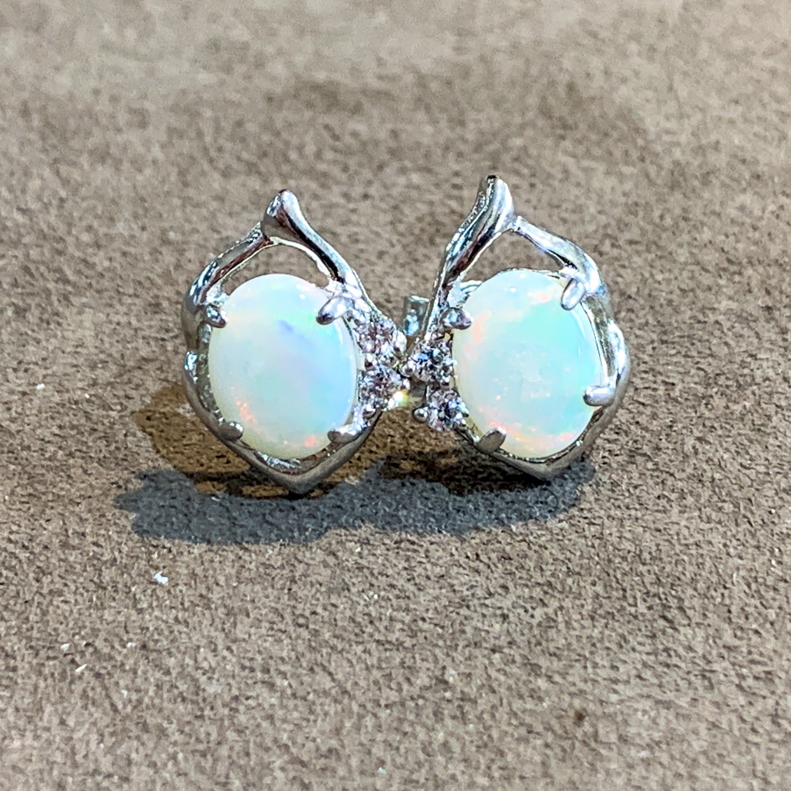 Sterling Silver 9x7mm White Opal and crystal studs - Masterpiece Jewellery Opal & Gems Sydney Australia | Online Shop