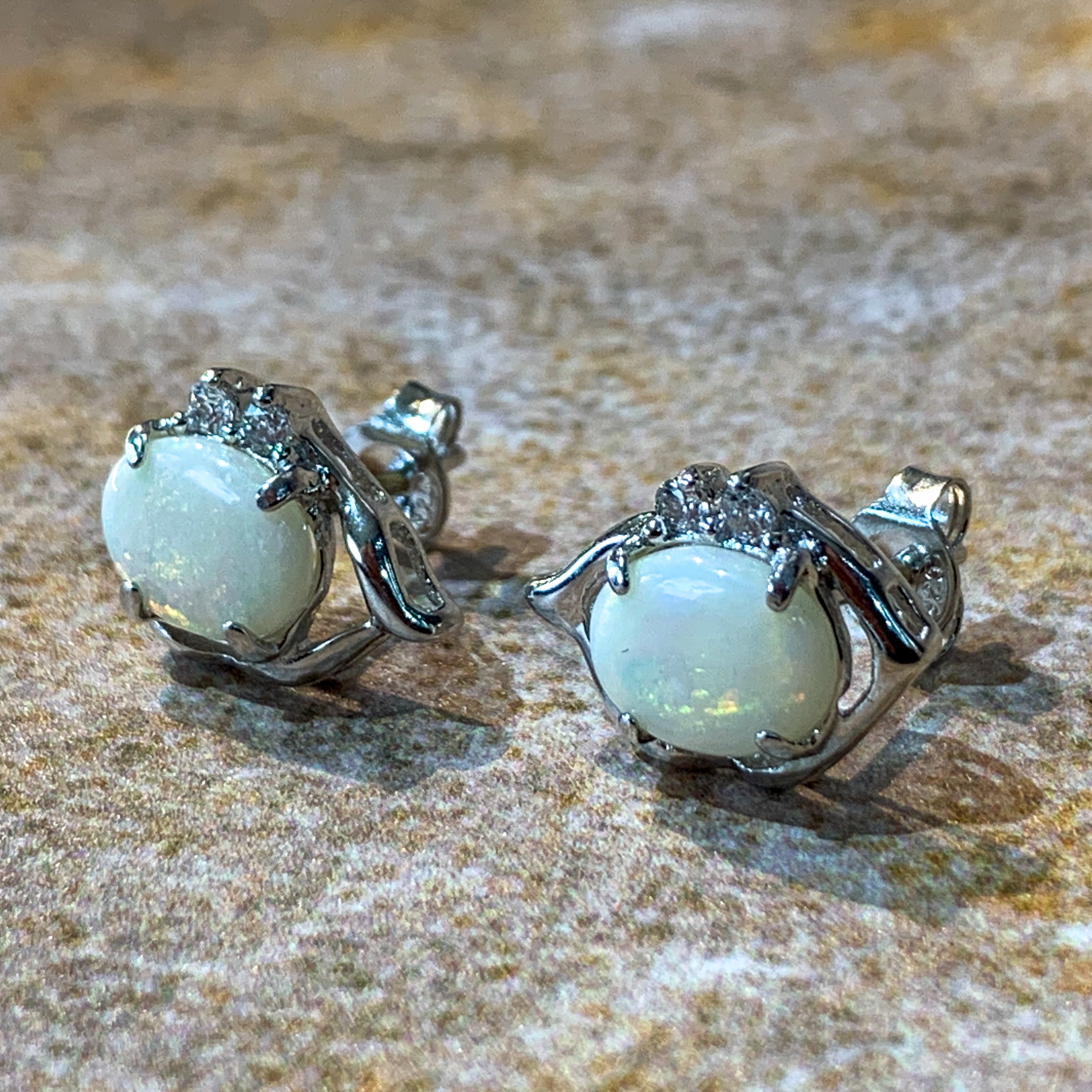 Sterling Silver 9x7mm White Opal and crystal studs - Masterpiece Jewellery Opal & Gems Sydney Australia | Online Shop