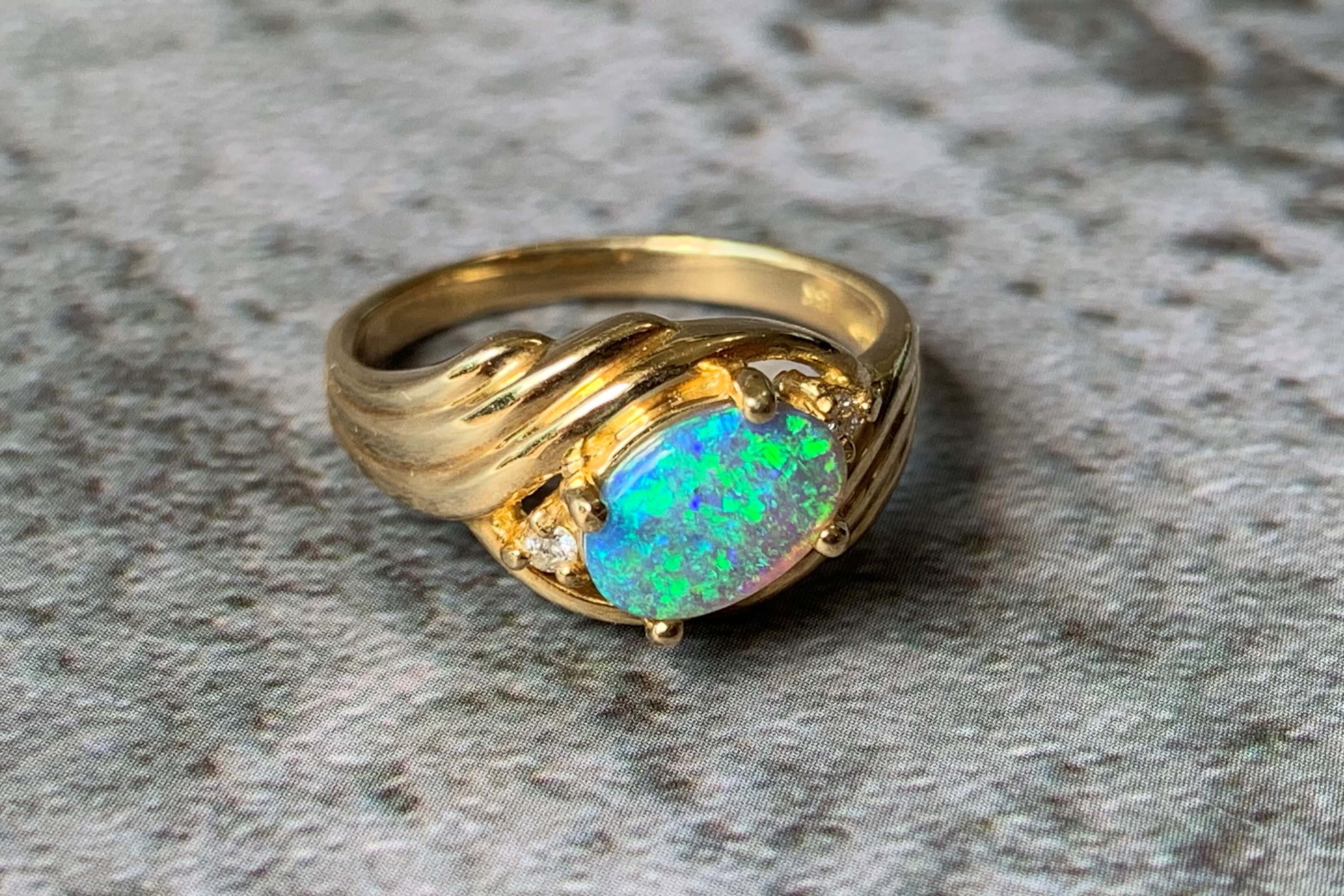 18kt Yellow Gold Black Opal and Diamond slanted ring - Masterpiece Jewellery Opal & Gems Sydney Australia | Online Shop