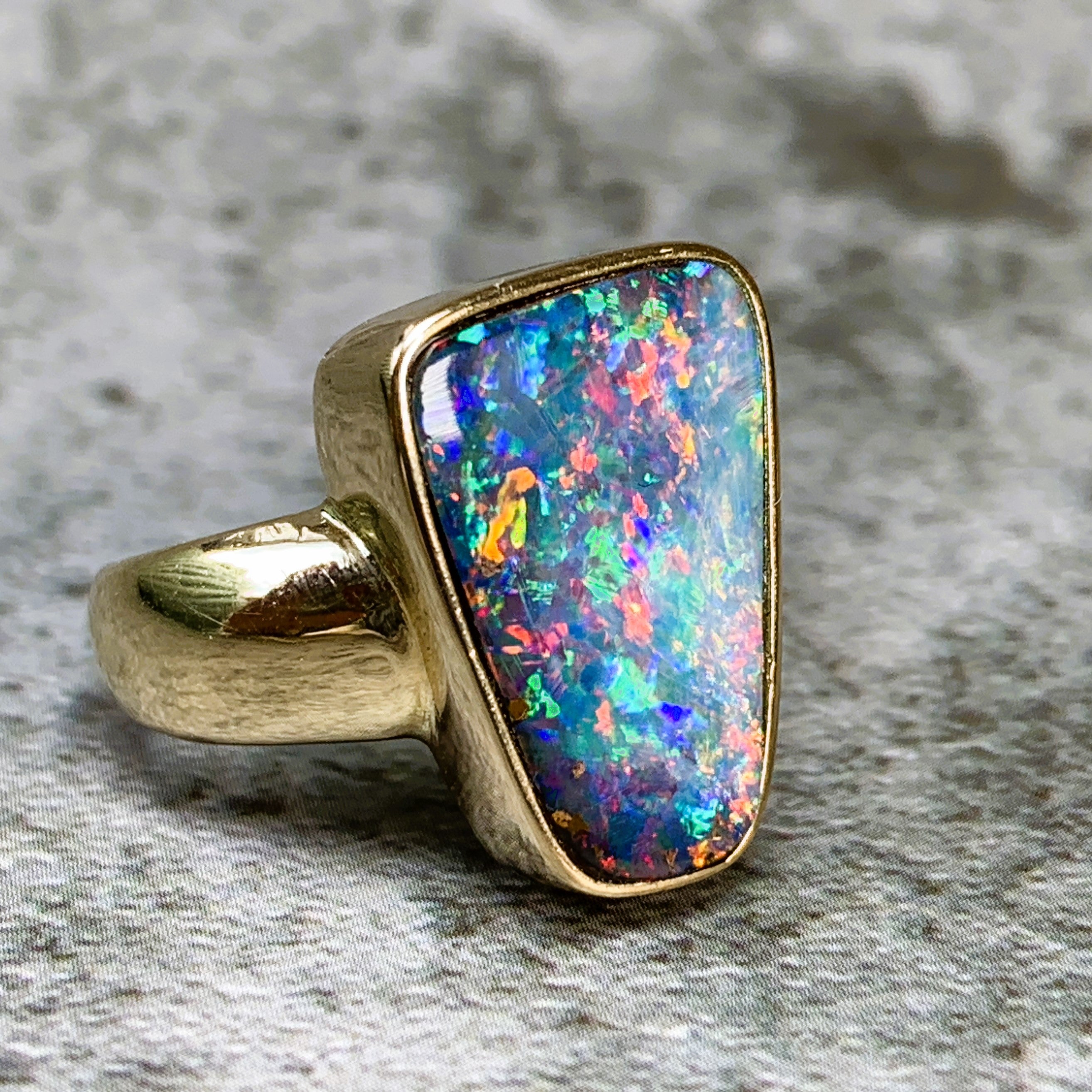 18kt Yellow Gold 5.42ct Queensland Boulder Fire Opal bezel set ring - Masterpiece Jewellery Opal & Gems Sydney Australia | Online Shop