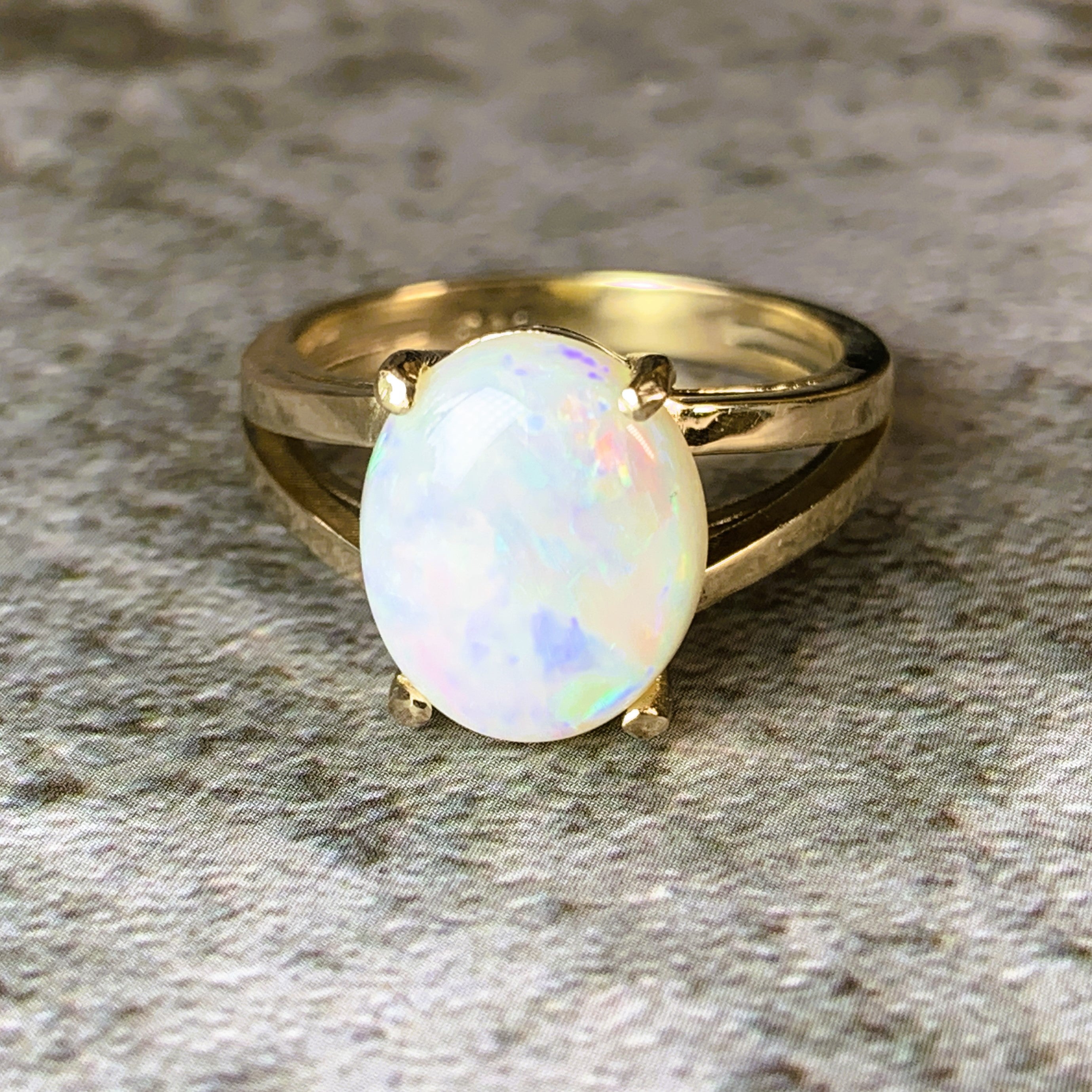 9kt Yellow Gold split shank 2.95ct White Opal solitaire ring - Masterpiece Jewellery Opal & Gems Sydney Australia | Online Shop