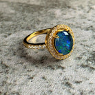 Gold Plated Sterling Silver Opal triplet 10x8mm halo ring - Masterpiece Jewellery Opal & Gems Sydney Australia | Online Shop