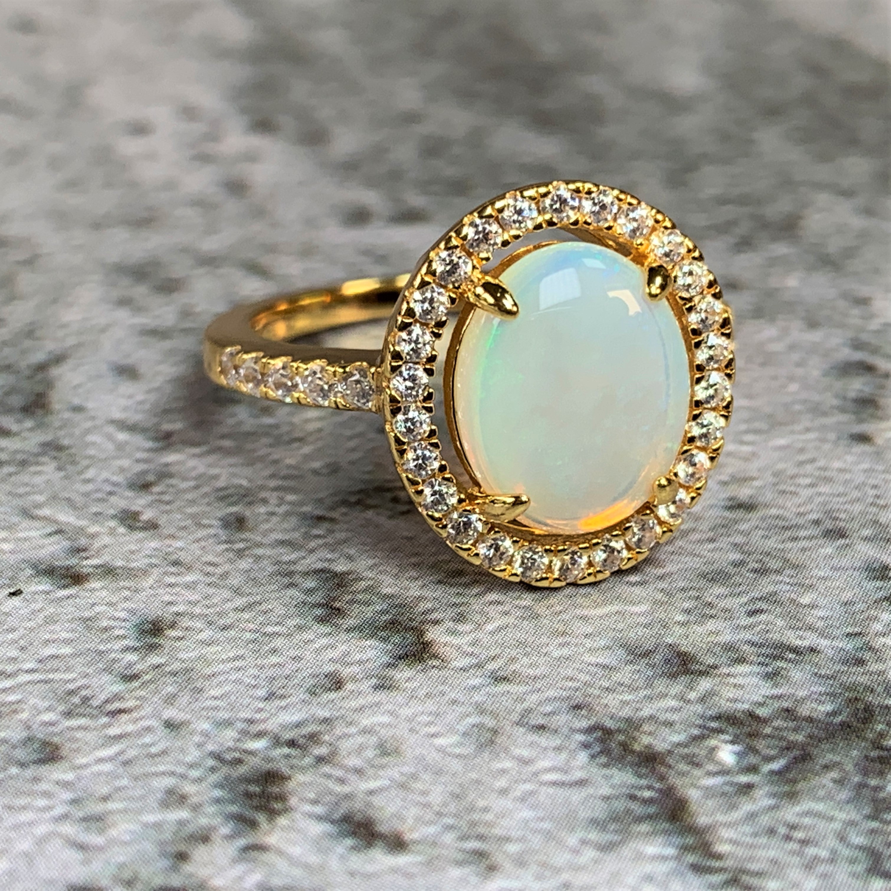 Gold Plated Sterling Silver 10x8mm White Opal halo cluster ring - Masterpiece Jewellery Opal & Gems Sydney Australia | Online Shop