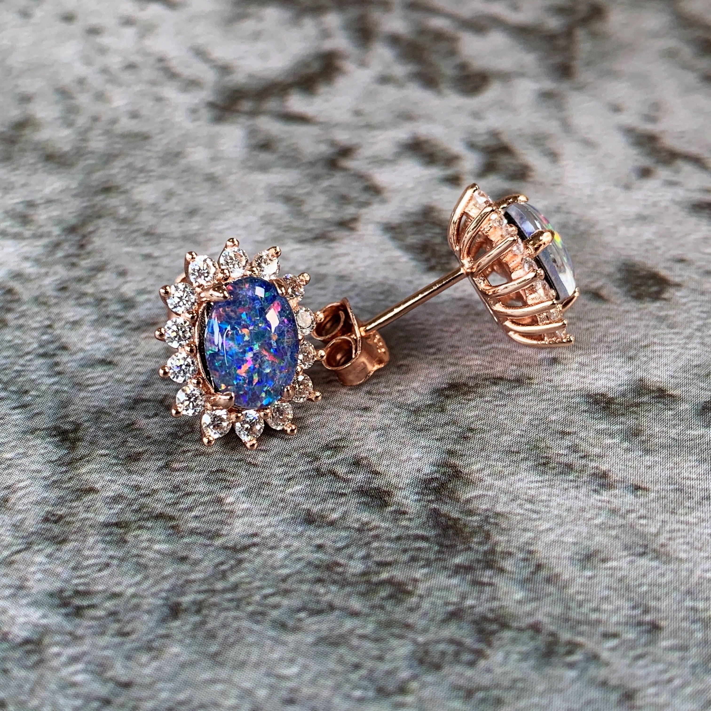 Rose Gold plated silver cluster earrings 8x6mm Opal triplets - Masterpiece Jewellery Opal & Gems Sydney Australia | Online Shop