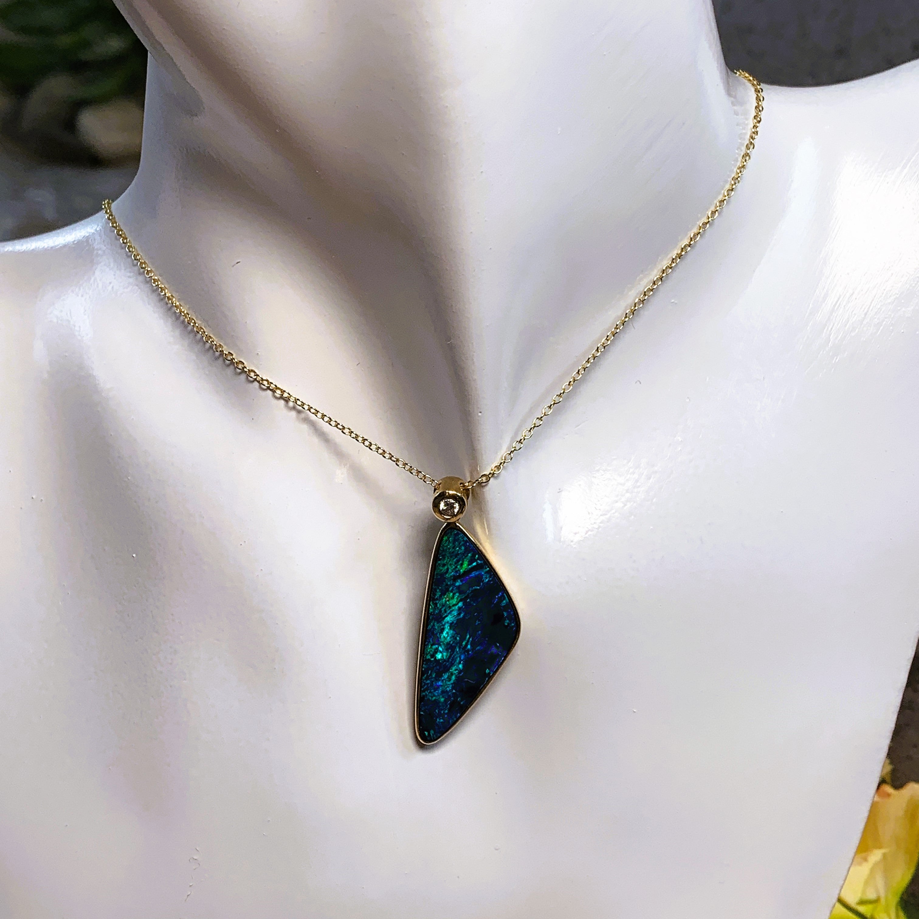 14kt Yellow Gold Opal doublet 3.44ct and Diamond 0.03ct triangular pendant - Masterpiece Jewellery Opal & Gems Sydney Australia | Online Shop