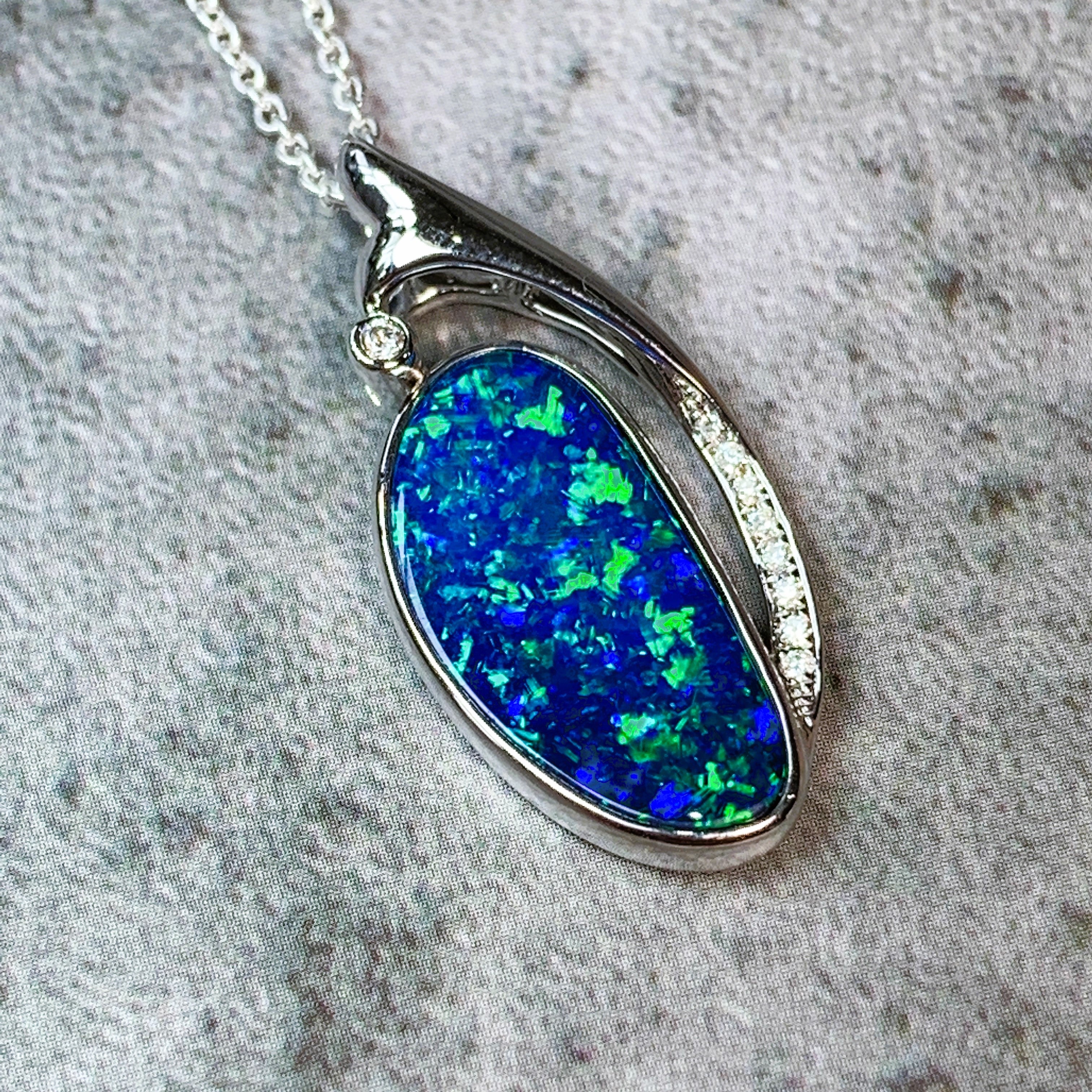 14kt White Gold 4ct Opal and Diamond pendant - Masterpiece Jewellery Opal & Gems Sydney Australia | Online Shop