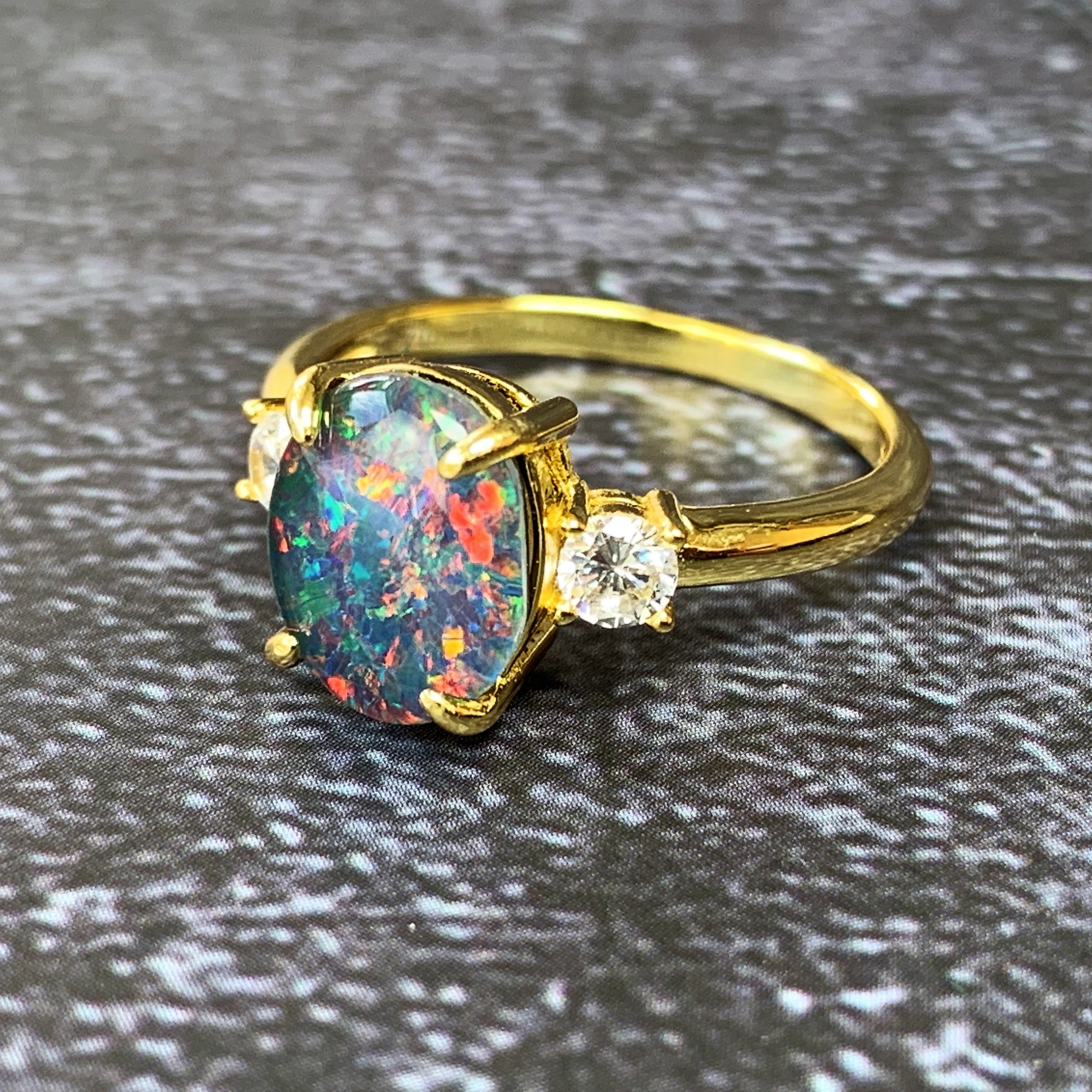 Gold plated Silver 10x8mm Opal triplet trilogy ring - Masterpiece Jewellery Opal & Gems Sydney Australia | Online Shop