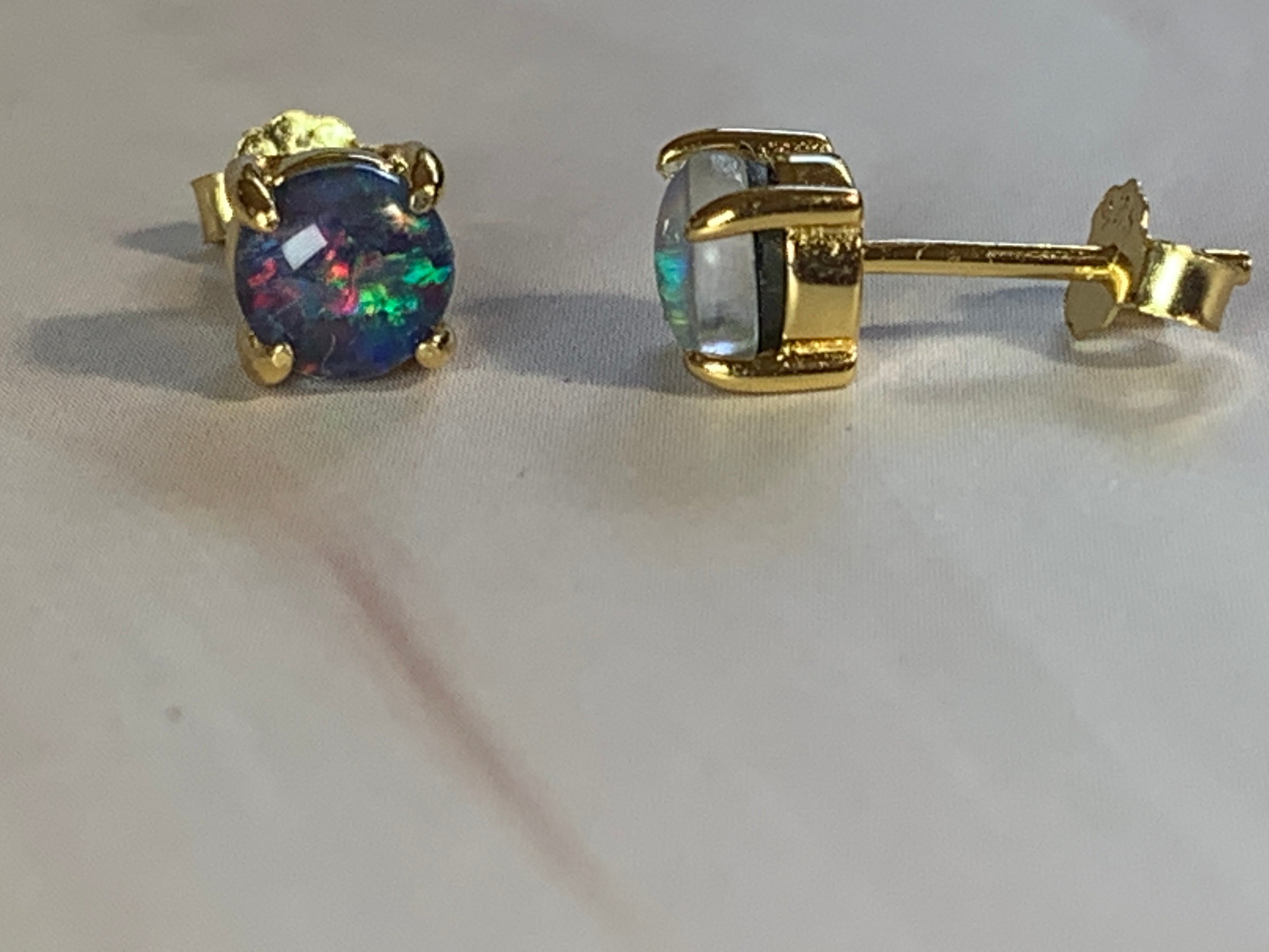 Gold Plated Sterling Silver 5mm Opal triplets claw set studs - Masterpiece Jewellery Opal & Gems Sydney Australia | Online Shop