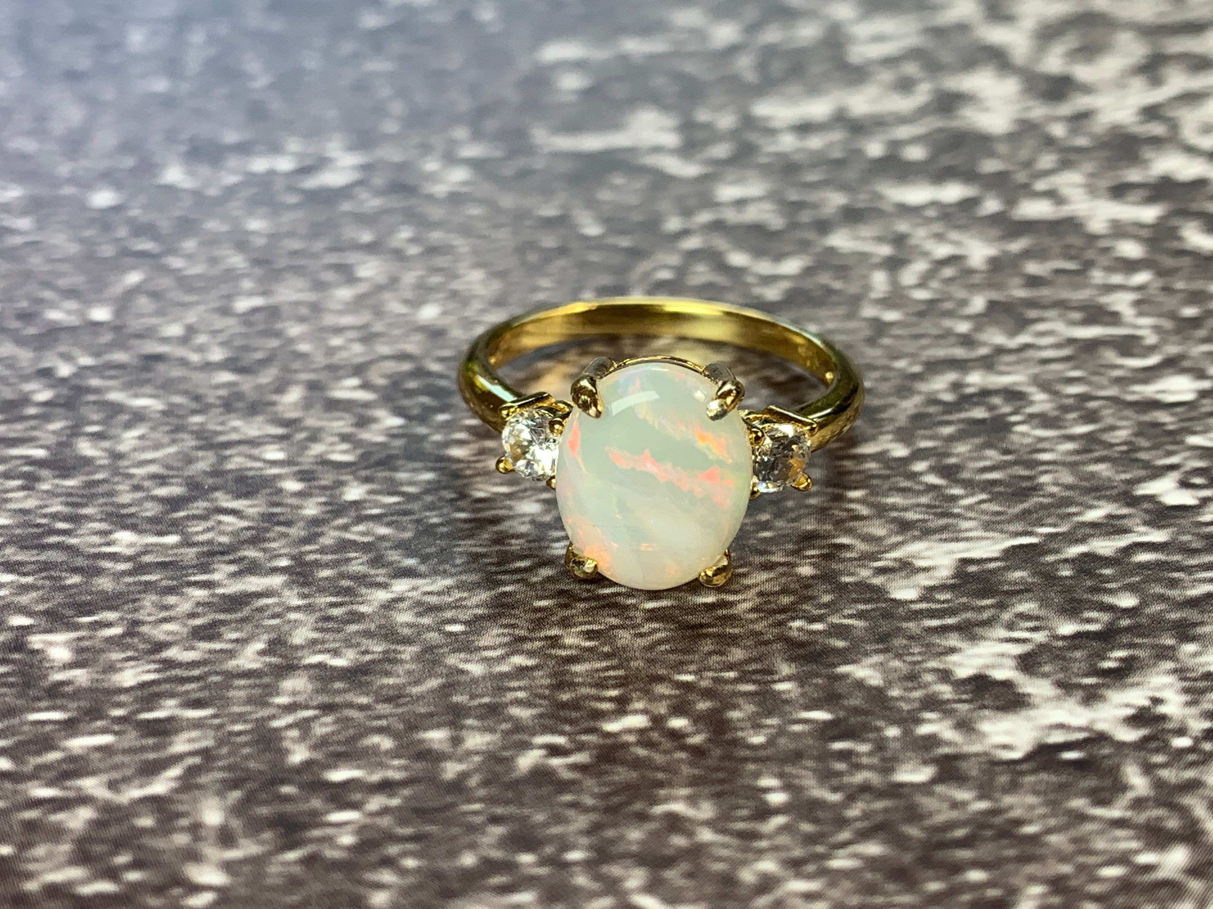 Gold plated sterling silver White Opal 10x8mm trilogy ring - Masterpiece Jewellery Opal & Gems Sydney Australia | Online Shop