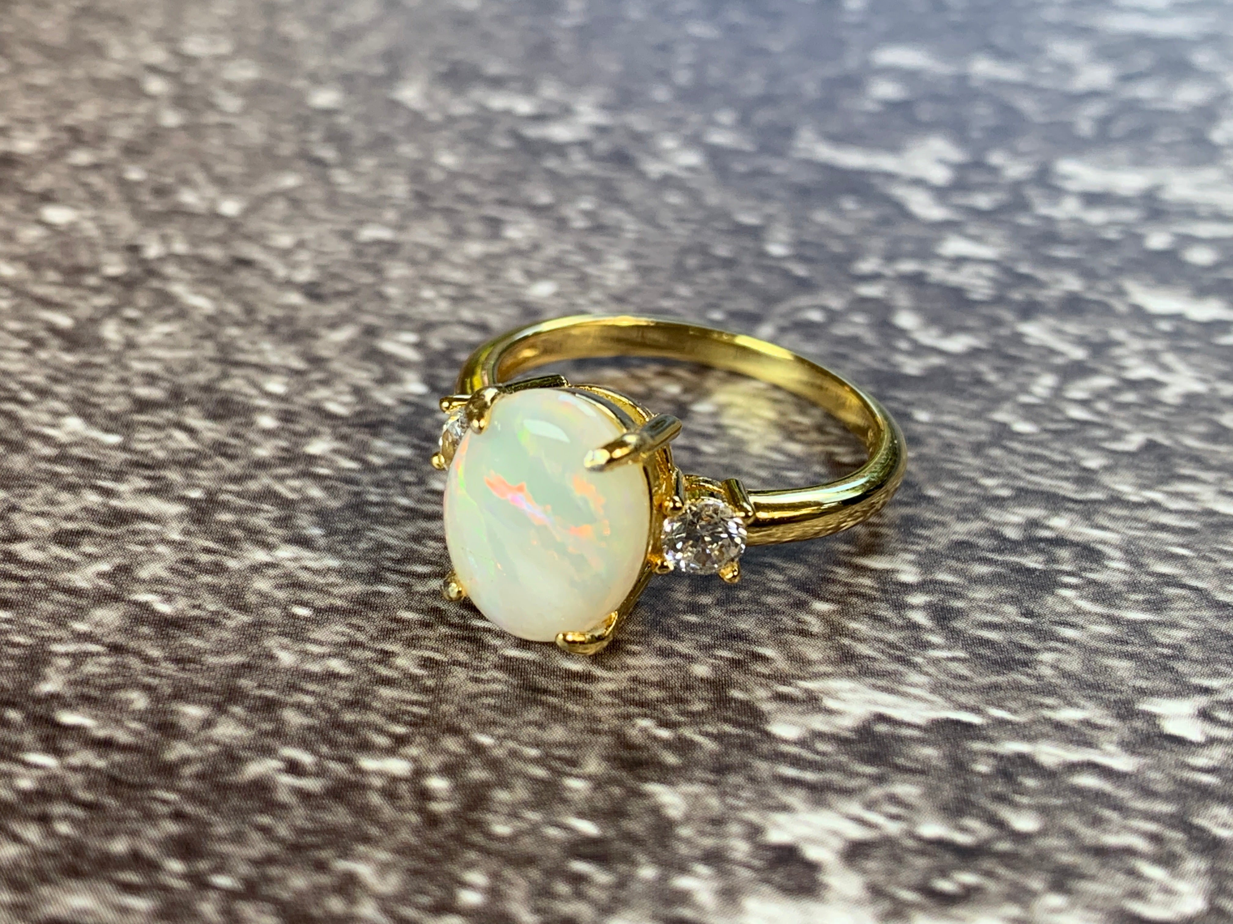 Gold plated sterling silver White Opal 10x8mm trilogy ring - Masterpiece Jewellery Opal & Gems Sydney Australia | Online Shop