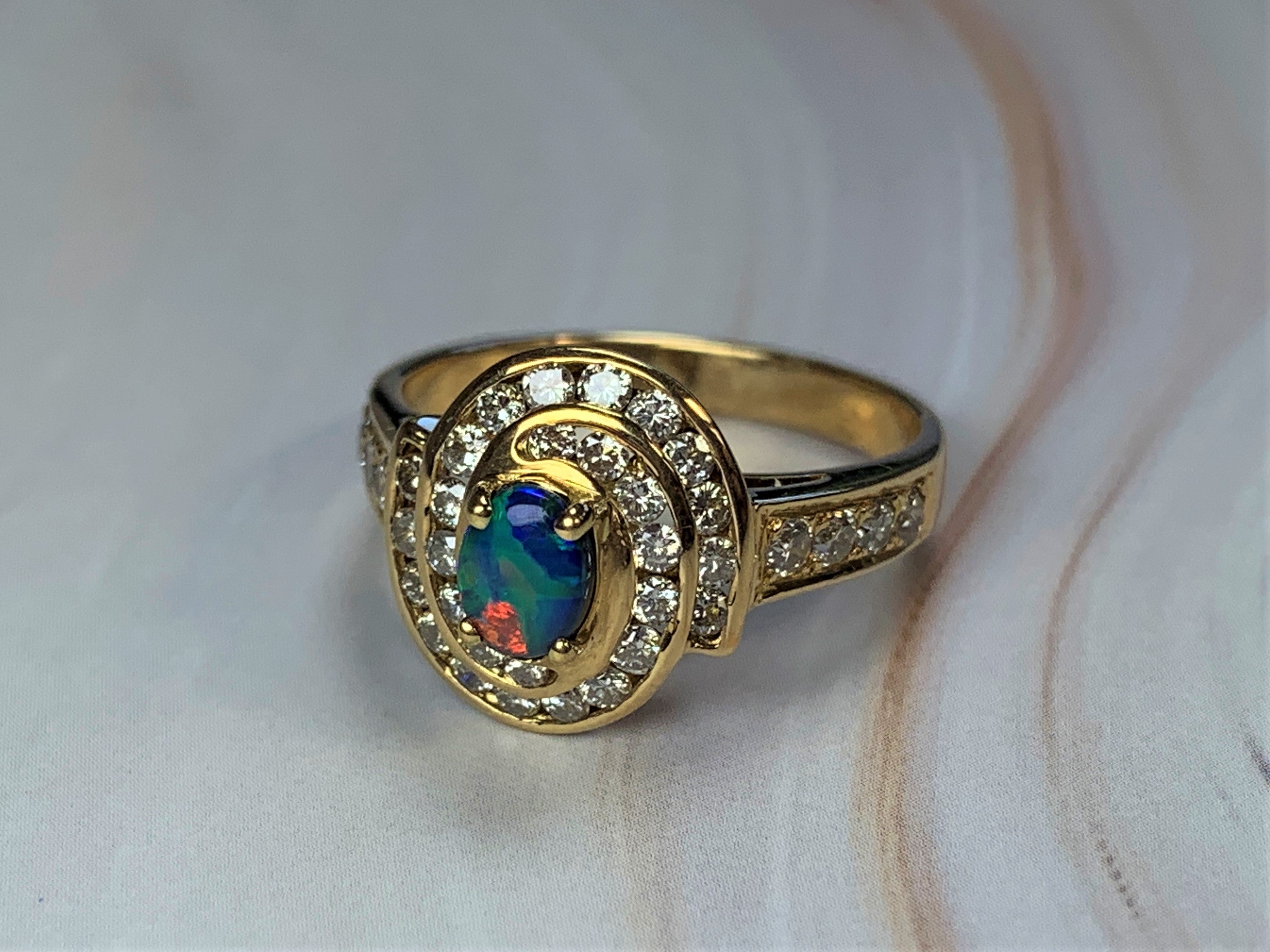 18kt Yellow Gold cluster Black Opal 0.3 Diamonds 0.44 ring - Masterpiece Jewellery Opal & Gems Sydney Australia | Online Shop