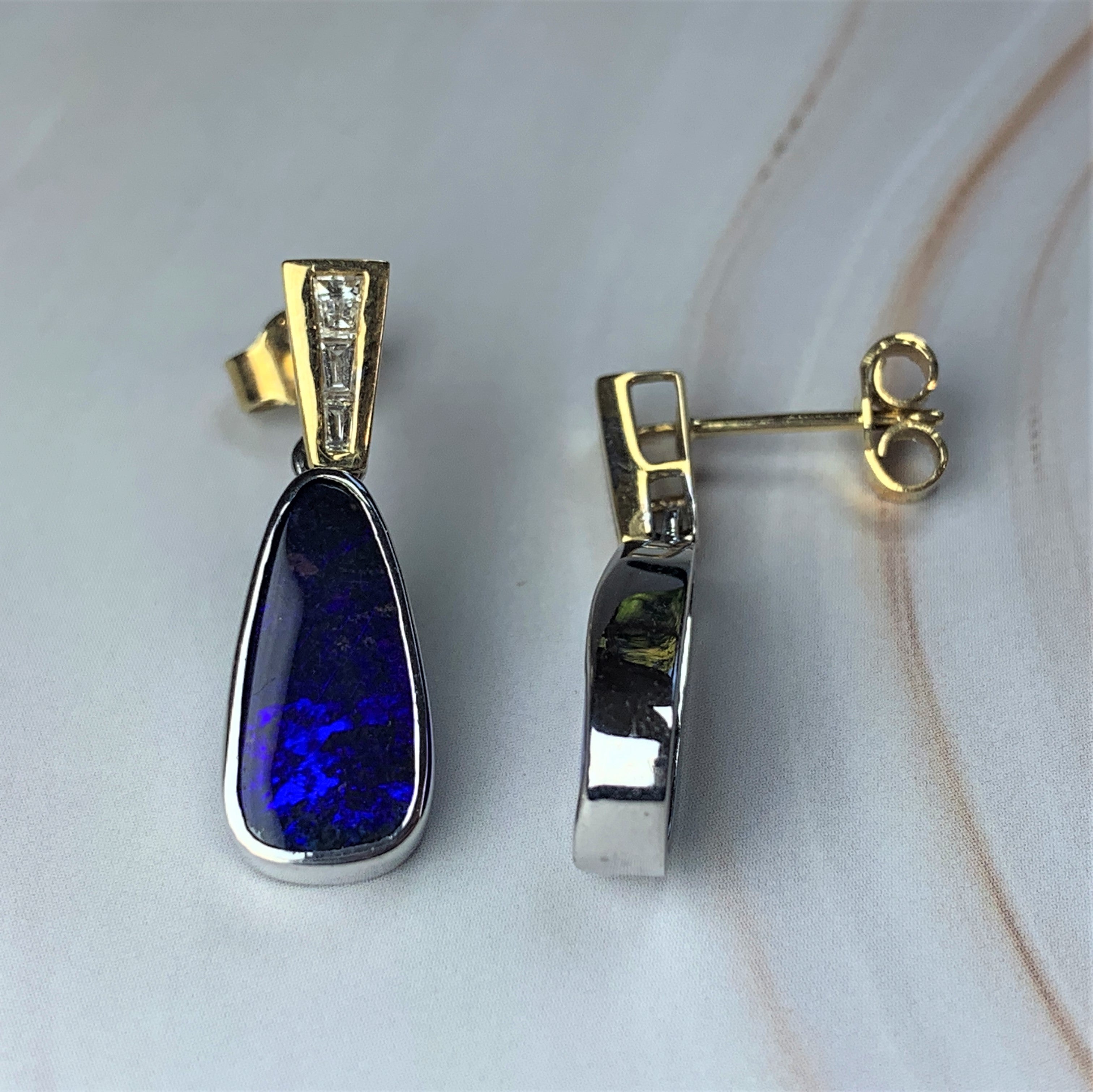 18kt Yellow and White Gold dangling Boulder Opal and Diamond earrings - Masterpiece Jewellery Opal & Gems Sydney Australia | Online Shop