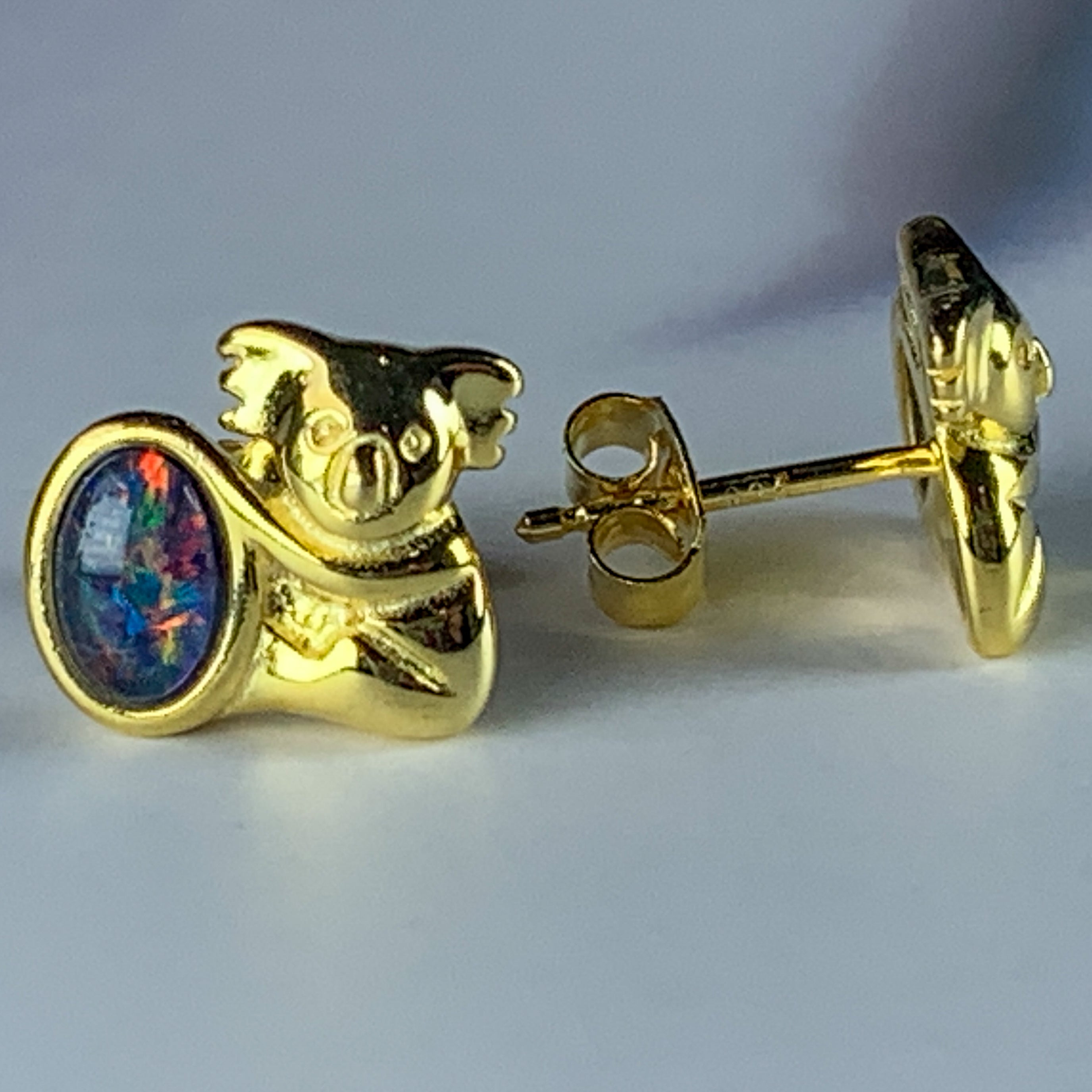 Gold plated Koala stud earrings 6x4mm Opals - Masterpiece Jewellery Opal & Gems Sydney Australia | Online Shop