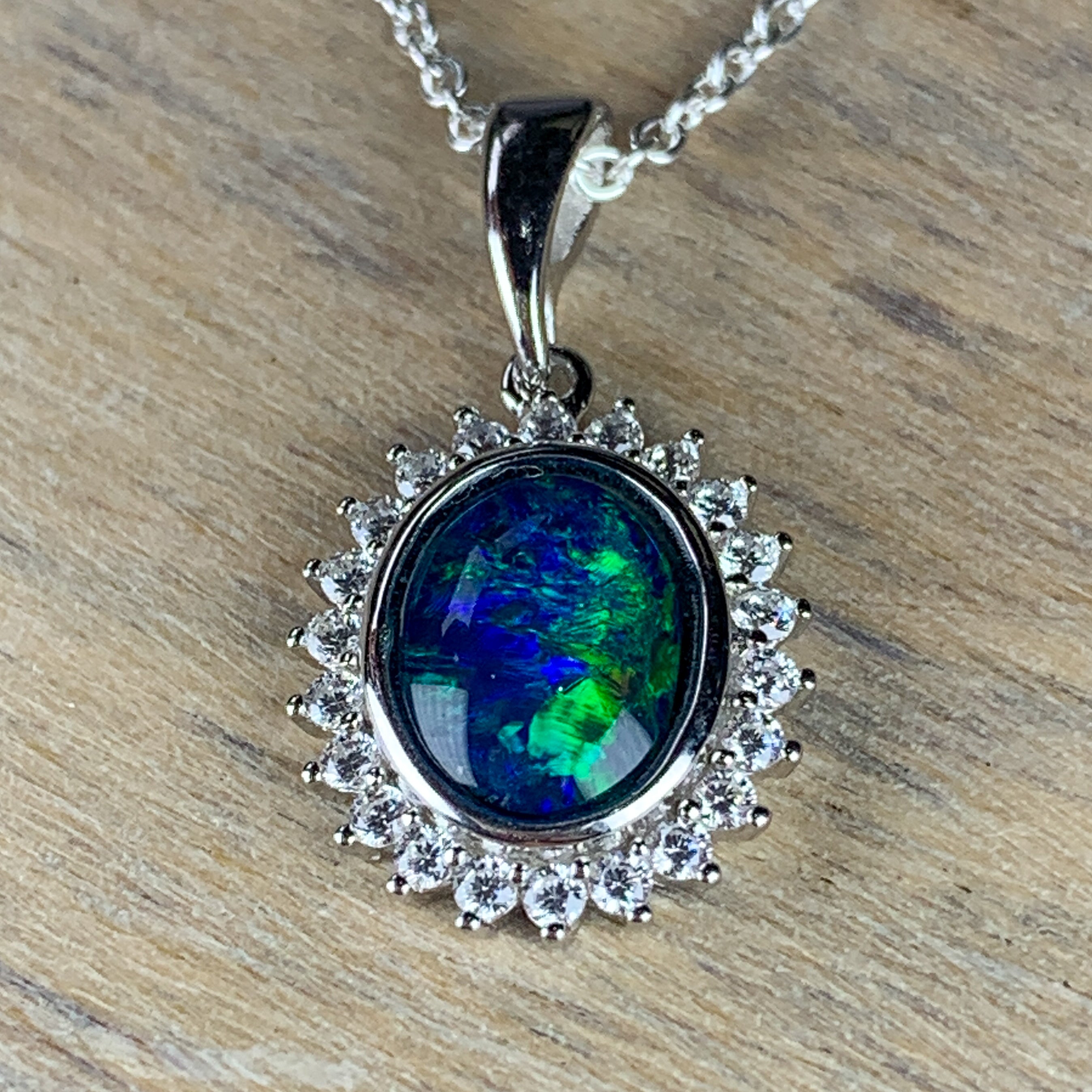 Sterling Silver 9x7mm Opal triplet halo necklace - Masterpiece Jewellery Opal & Gems Sydney Australia | Online Shop