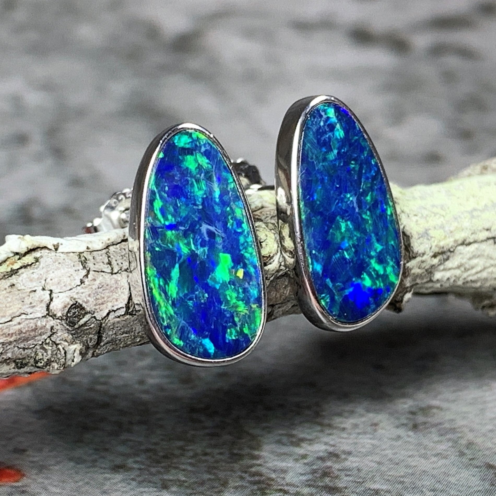 Sterling Silver Opal 14x7mm Freeform studs - Masterpiece Jewellery Opal & Gems Sydney Australia | Online Shop