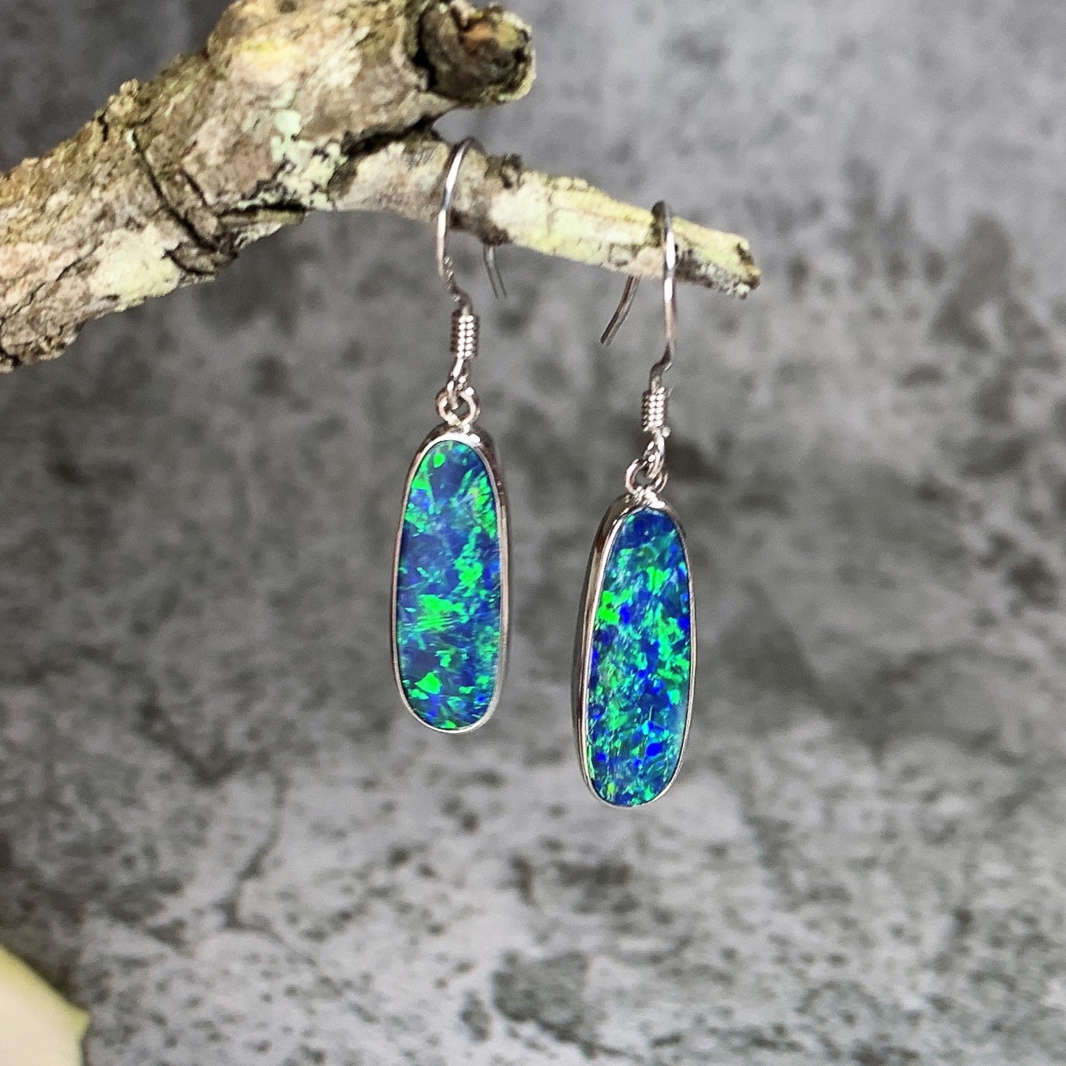 Sterling Silver dangling Blue Green Opal earrings - Masterpiece Jewellery Opal & Gems Sydney Australia | Online Shop