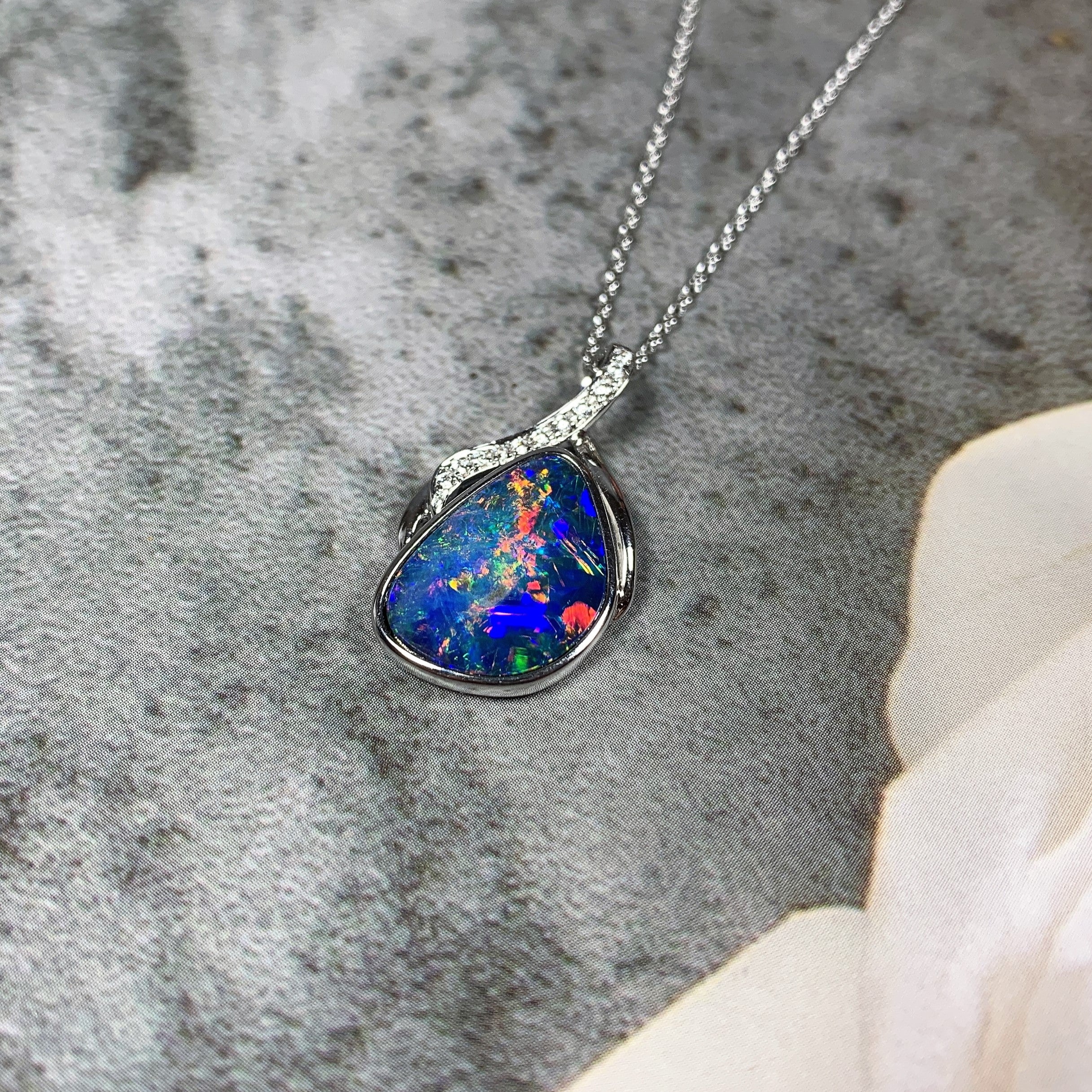 14kt White Gold Multi colour Opal 10x14mm and Diamond pendant - Masterpiece Jewellery Opal & Gems Sydney Australia | Online Shop