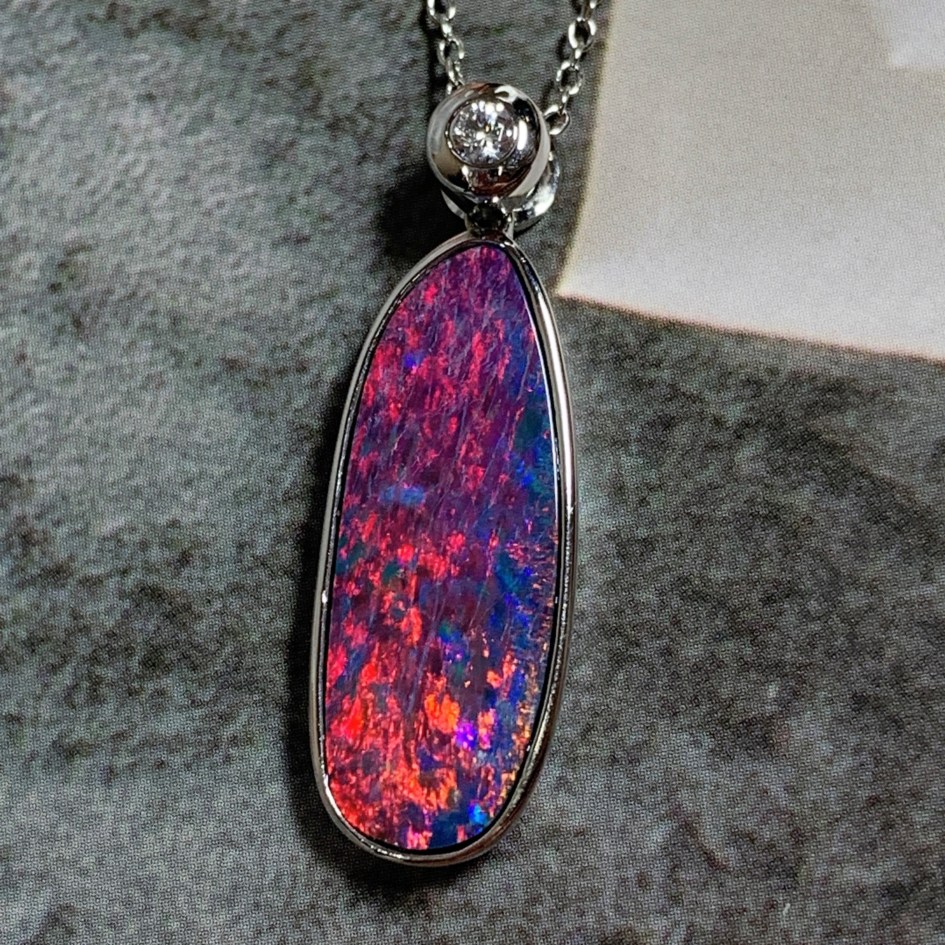 14kt White Gold Red Fire Opal 3.9ct and Diamond pendant - Masterpiece Jewellery Opal & Gems Sydney Australia | Online Shop