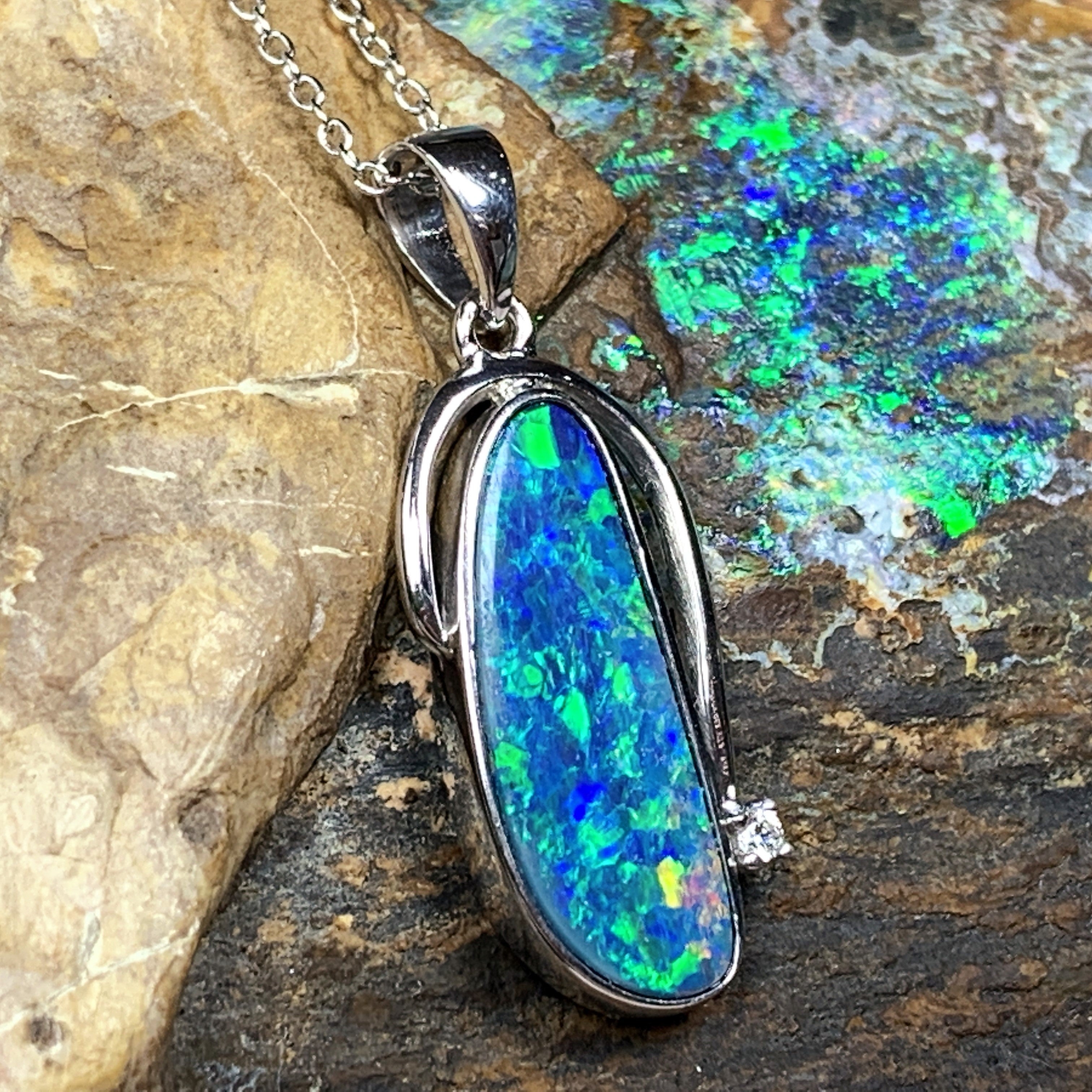 Sterling Silver Opal Blue Green 19x8mm pendant - Masterpiece Jewellery Opal & Gems Sydney Australia | Online Shop