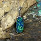 Sterling Silver Opal Blue Green freeform pendant 25x7.6mm - Masterpiece Jewellery Opal & Gems Sydney Australia | Online Shop