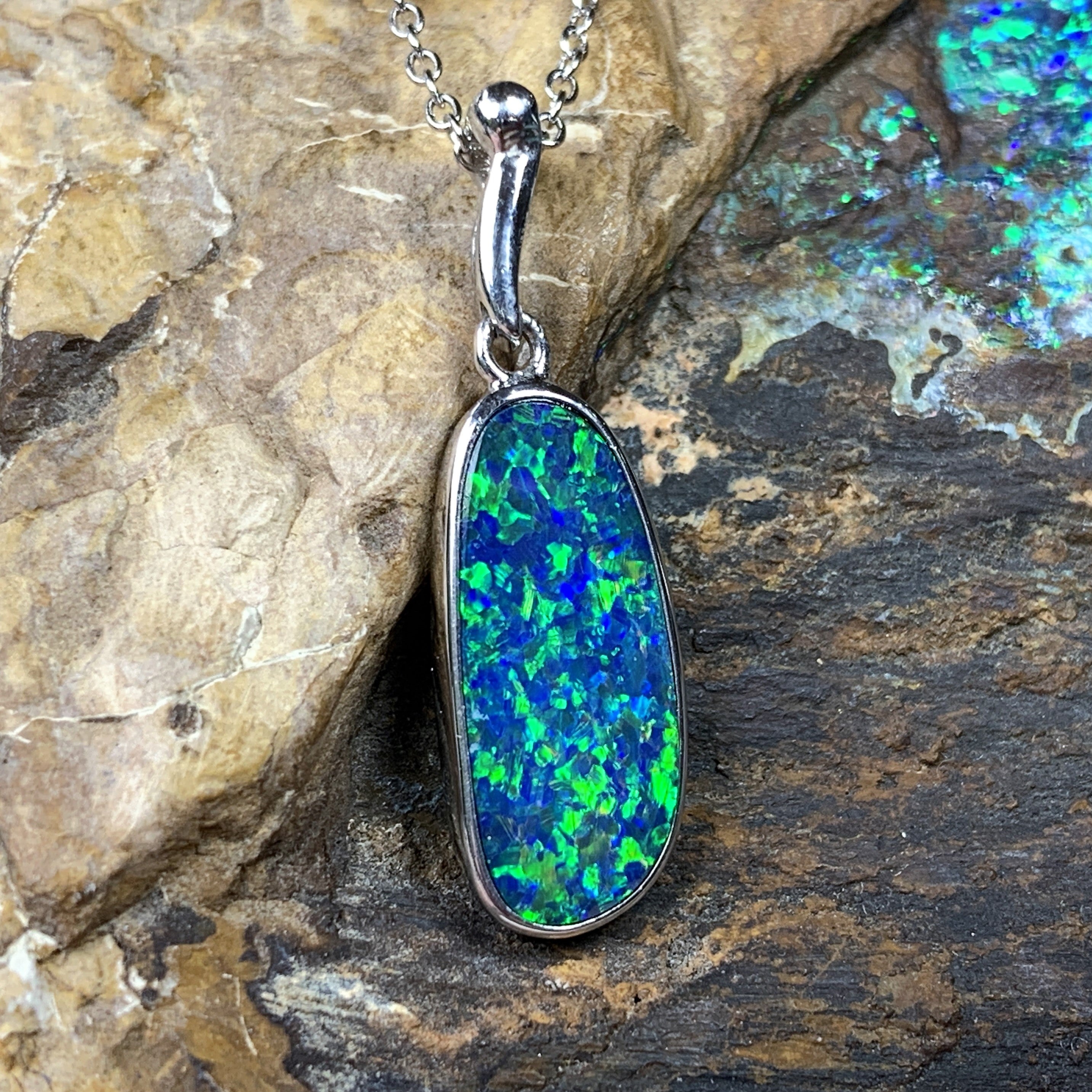 Sterling Silver Opal Blue Green freeform pendant 25x7.6mm - Masterpiece Jewellery Opal & Gems Sydney Australia | Online Shop