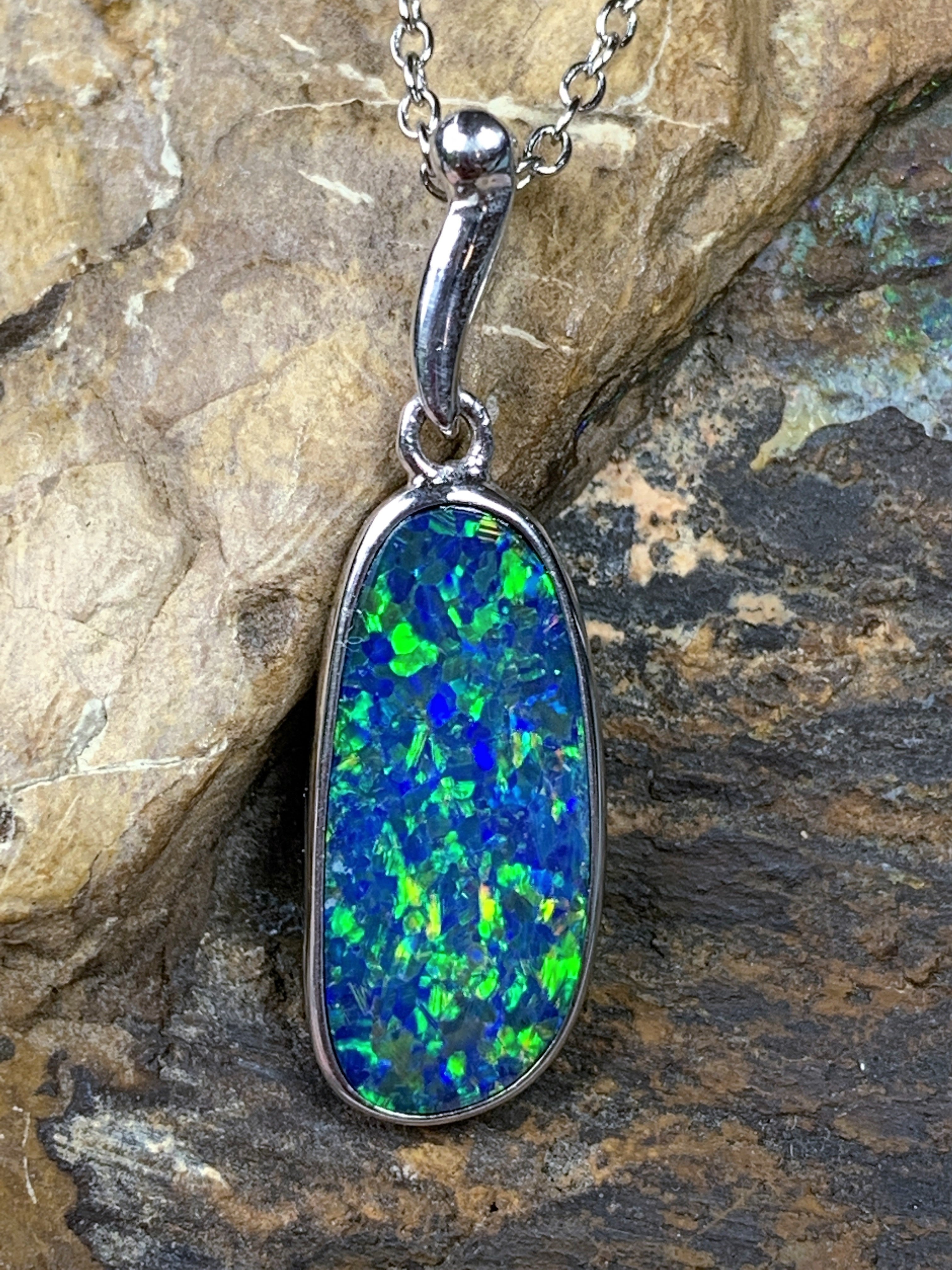 Sterling Silver Opal Blue Green freeform pendant 25x7.6mm - Masterpiece Jewellery Opal & Gems Sydney Australia | Online Shop