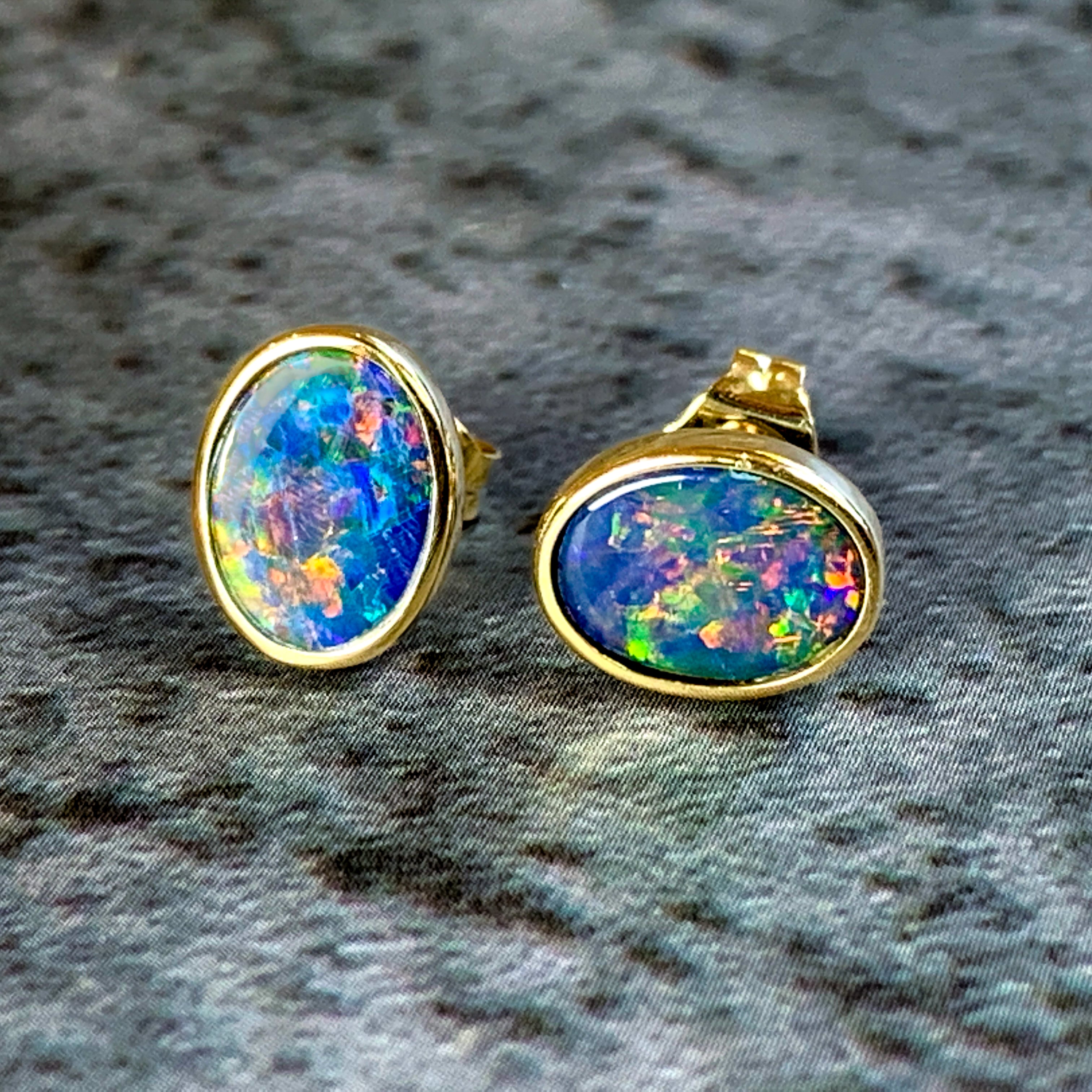 9kt Yellow Gold pairof bezel 7x5mm Opal earring studs - Masterpiece Jewellery Opal & Gems Sydney Australia | Online Shop