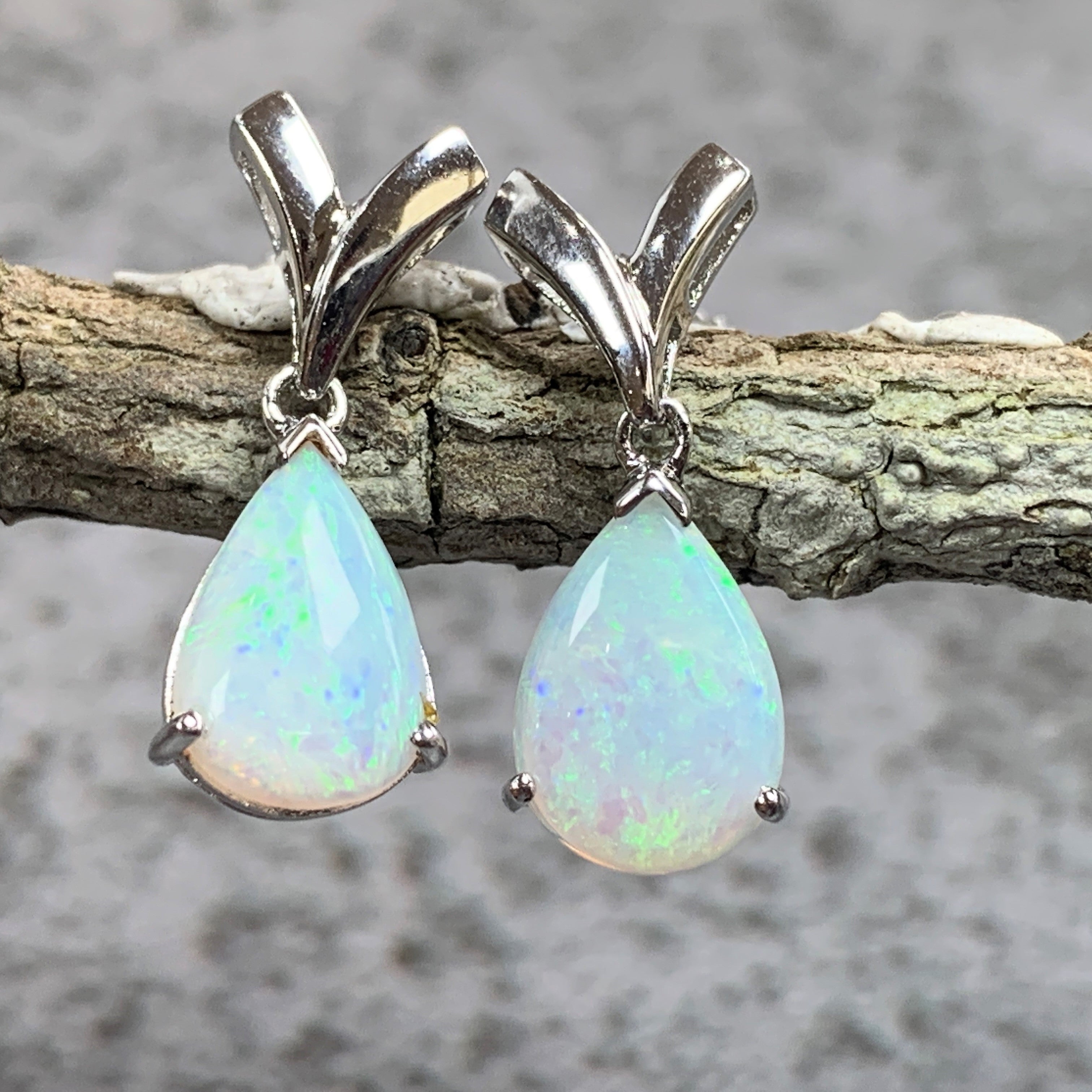 Sterling Silver Opal Pear shape earrings short drop on V shape studs - Masterpiece Jewellery Opal & Gems Sydney Australia | Online Shop