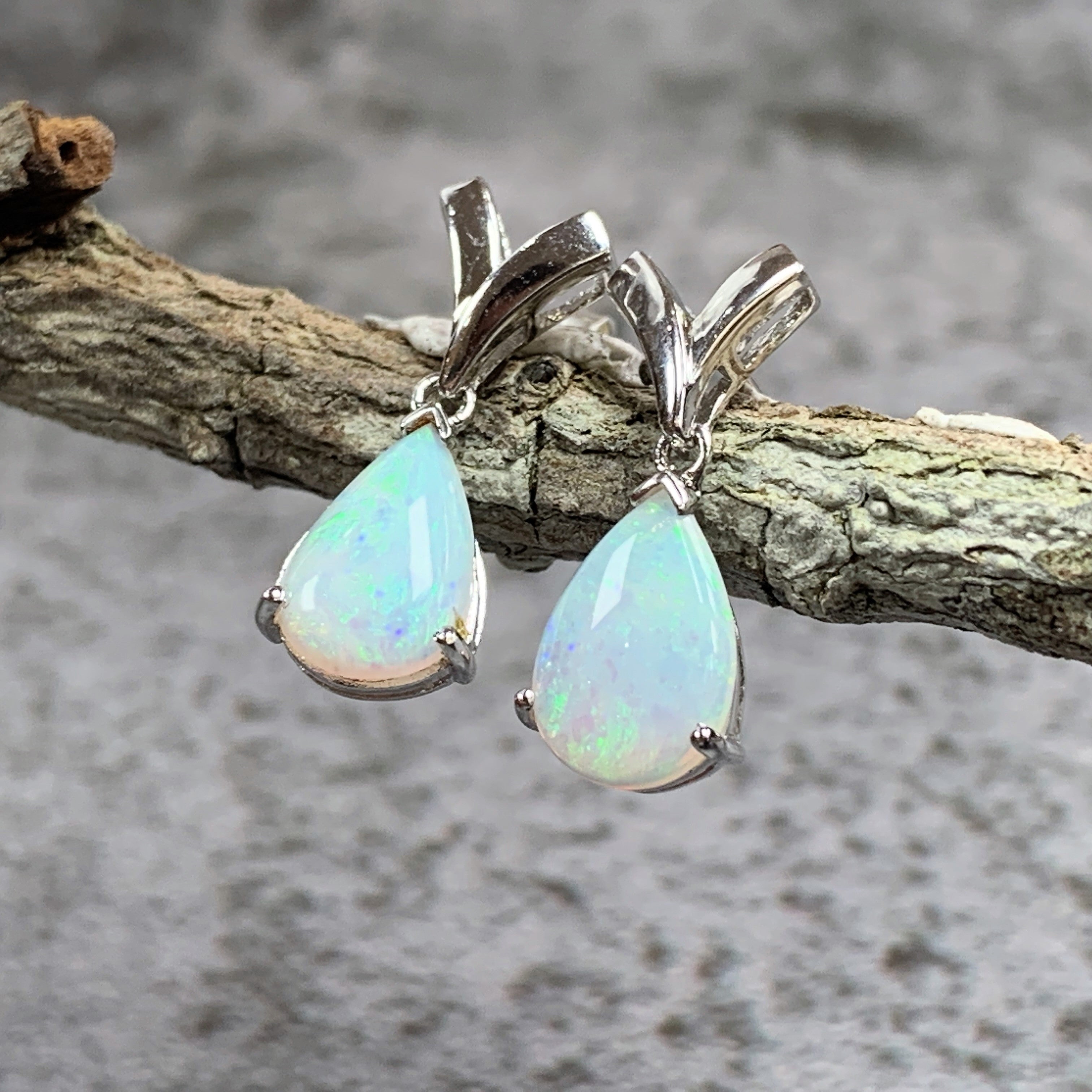 Sterling Silver Opal Pear shape earrings short drop on V shape studs - Masterpiece Jewellery Opal & Gems Sydney Australia | Online Shop