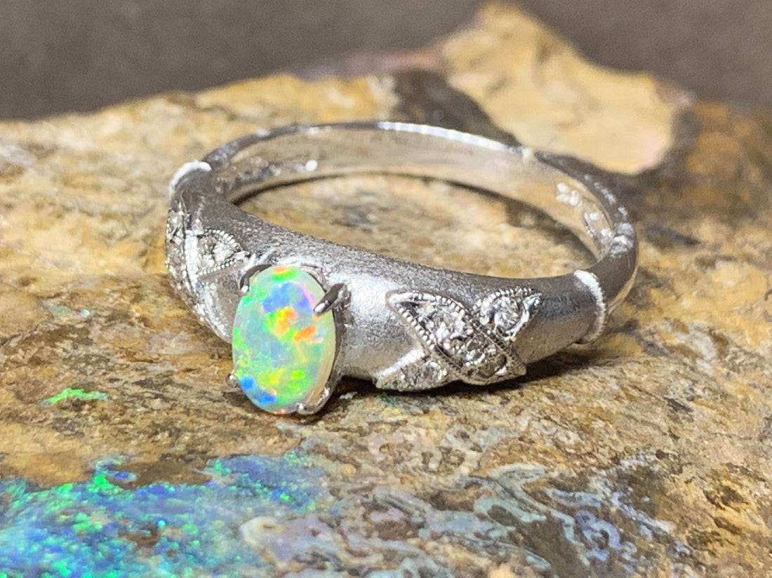 18kt White Gold Crystal Opal and Diamond ring - Masterpiece Jewellery Opal & Gems Sydney Australia | Online Shop