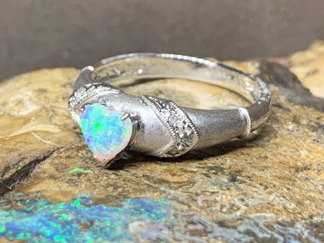 18kt White Gold heart shape Opal and diamond ring - Masterpiece Jewellery Opal & Gems Sydney Australia | Online Shop