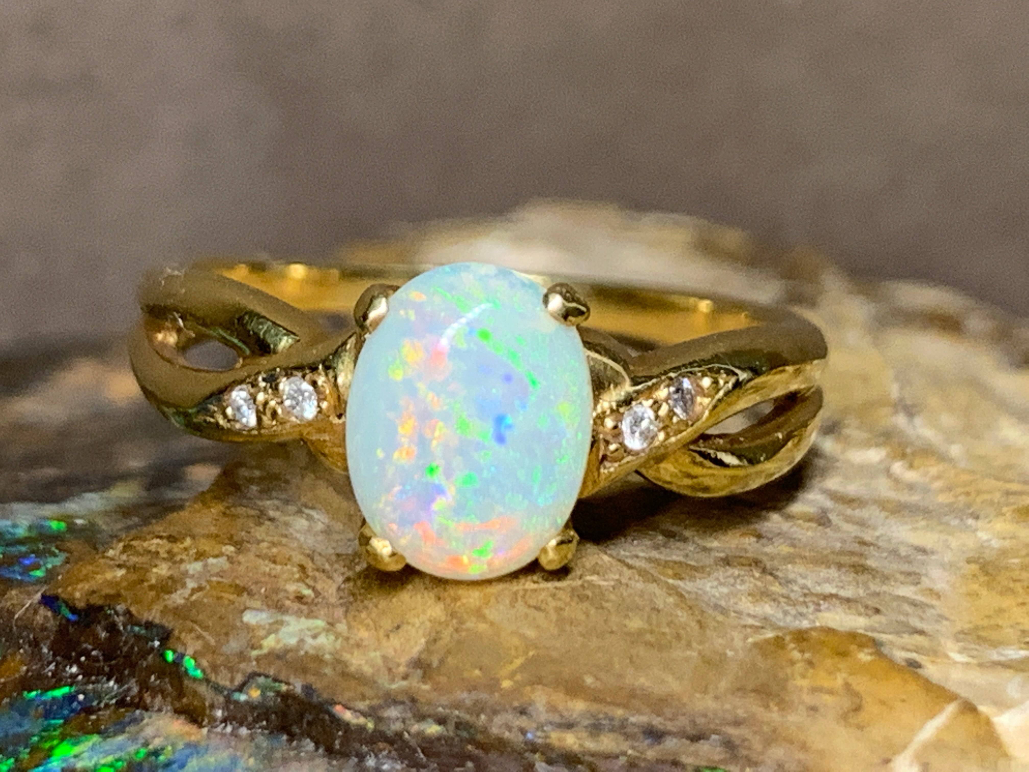 18kt Yellow Gold crossover Opal and Diamond ring - Masterpiece Jewellery Opal & Gems Sydney Australia | Online Shop