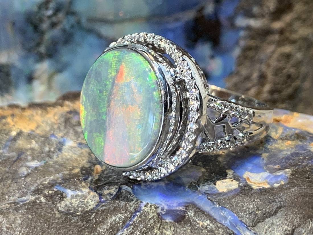 18kt White Gold Black Opal diamond ring - Masterpiece Jewellery Opal & Gems Sydney Australia | Online Shop