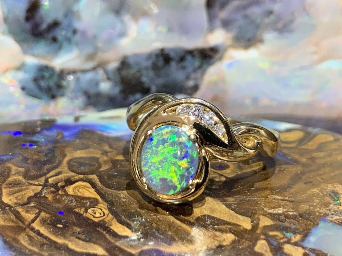 18kt Yellow Gold Black Opal and DIamond ring - Masterpiece Jewellery Opal & Gems Sydney Australia | Online Shop