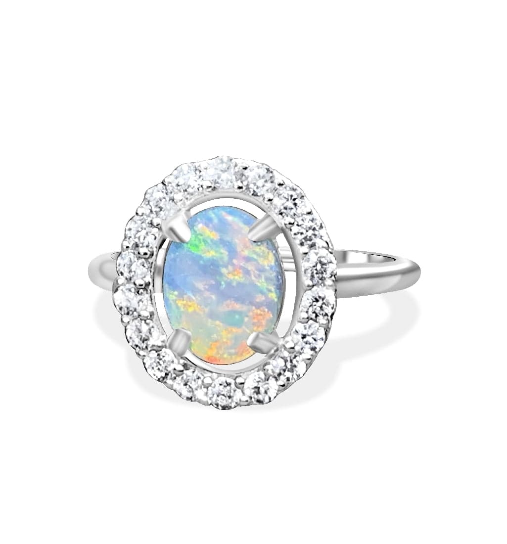 Sterling Silver White Opal Halo ring - Masterpiece Jewellery Opal & Gems Sydney Australia | Online Shop